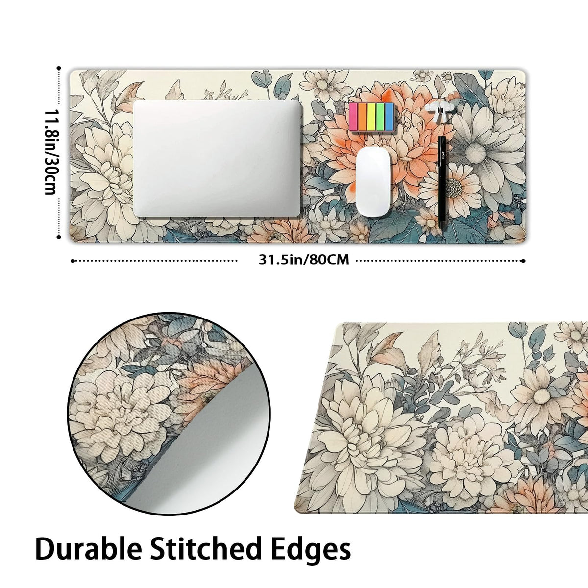 Japanese Aesthetic Floral Gaming Mouse Pad XL Vintage Orange White Flowers Extended Large Mat