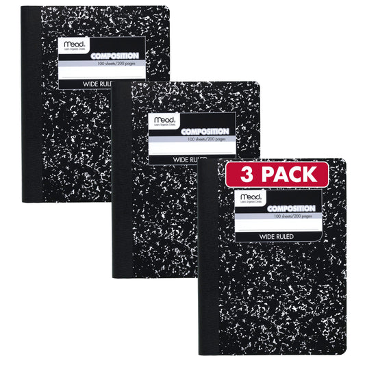 Mead Composition Notebook, Wide Ruled Paper, 7.5" x 9.75", 100 Sheets, Black Marble, 3 Pack (38301)