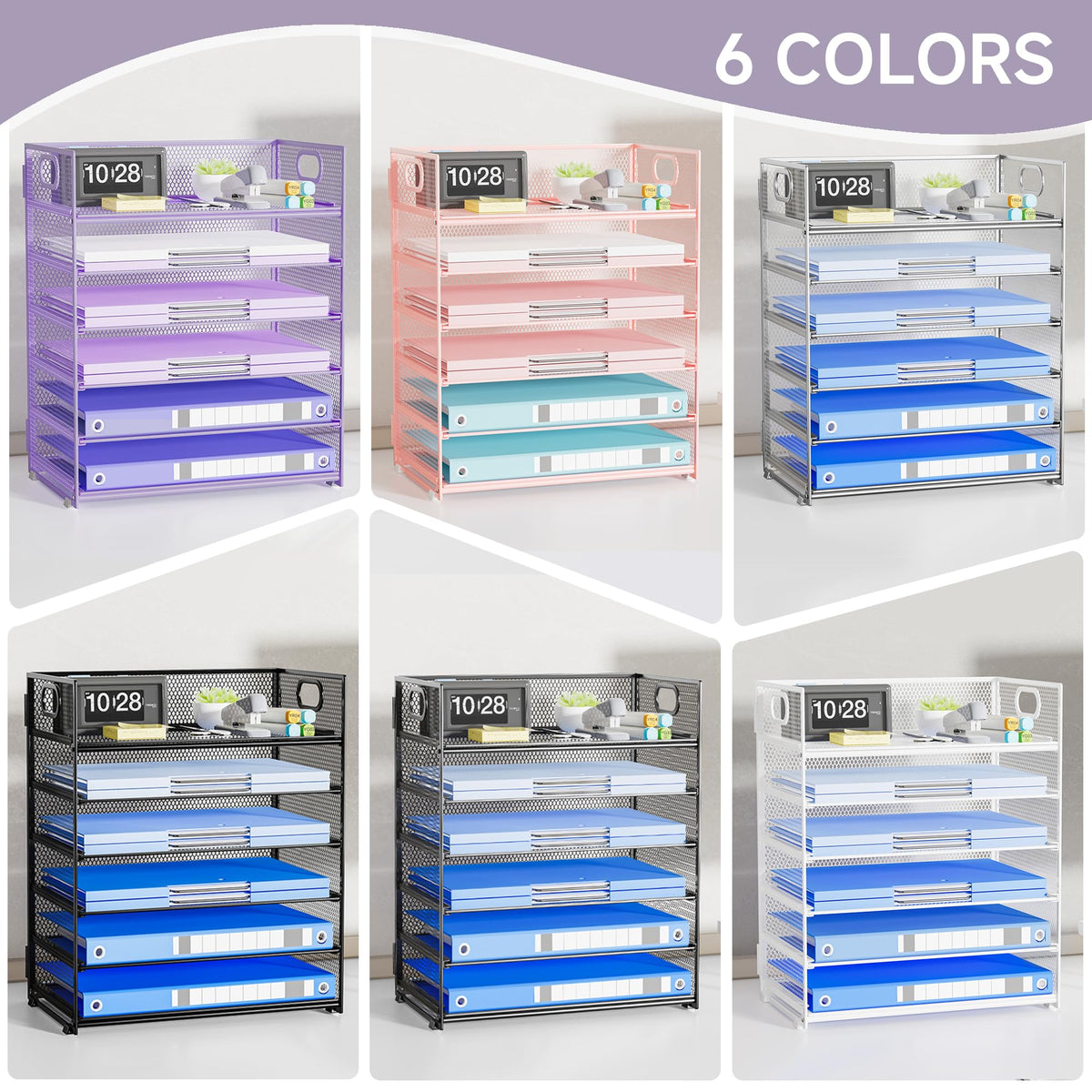 Kinkota Purple Paper Organizer for Desk with Handle, 6-Tier