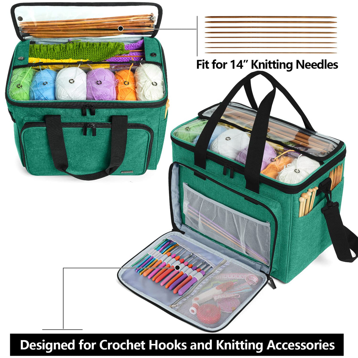 Teamoy Knitting Bag, Yarn Storage Organizer Crochet Bag Tote, Green