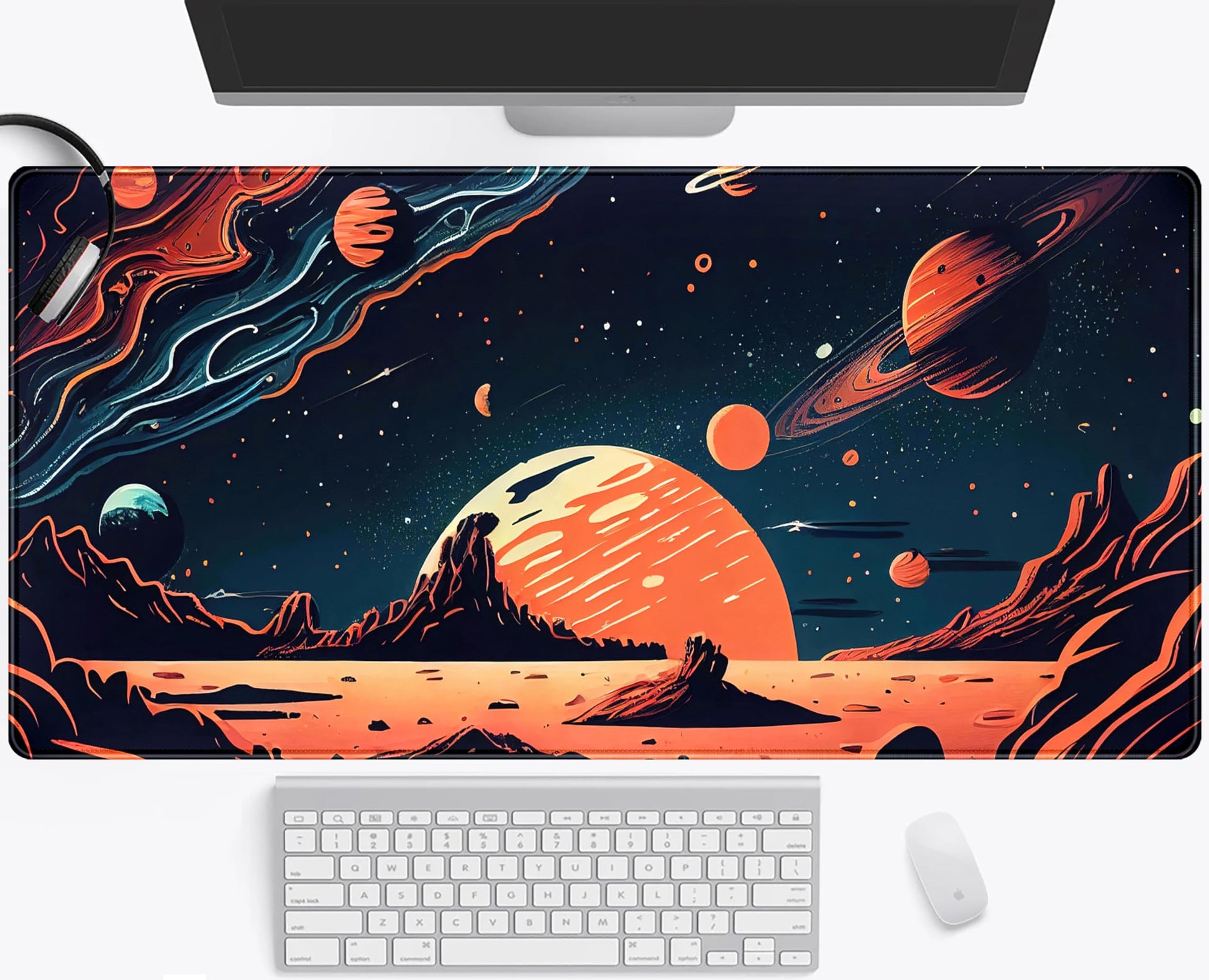 Painted Planets Desk Mat Outer Space Desk Pad, Orange Black Gaming Mouse Pad, Large Keyboard Mouse