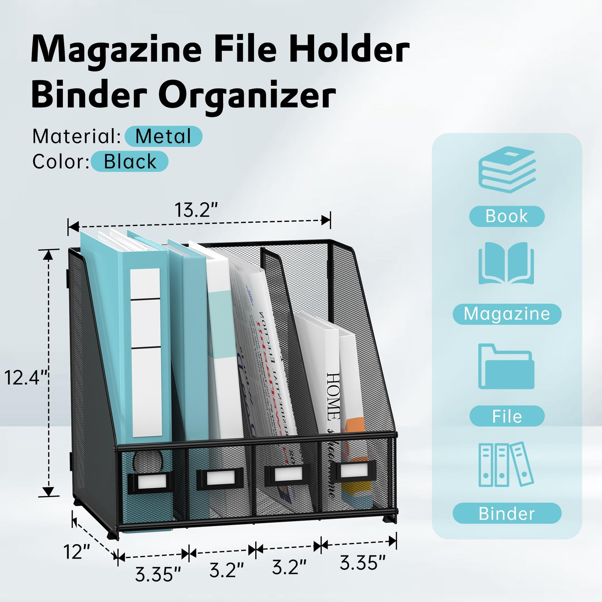 4-Compartment Magazine File Holder and File Organizer for Desk, Black