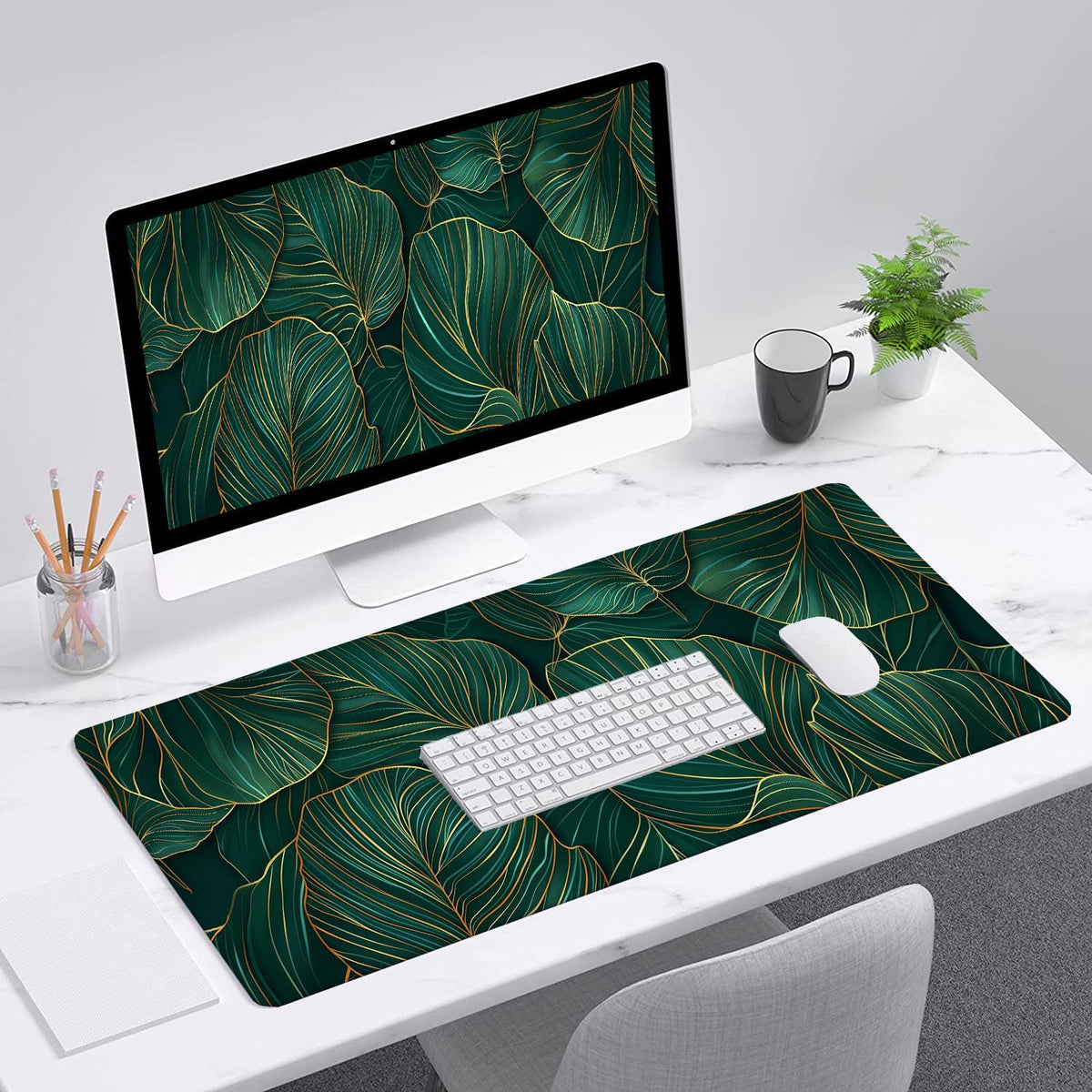 Green Leaves Desk Mat Gaming Mouse Pad Gold Tropical Palm Leaves Large Gaming Mouse Mat with