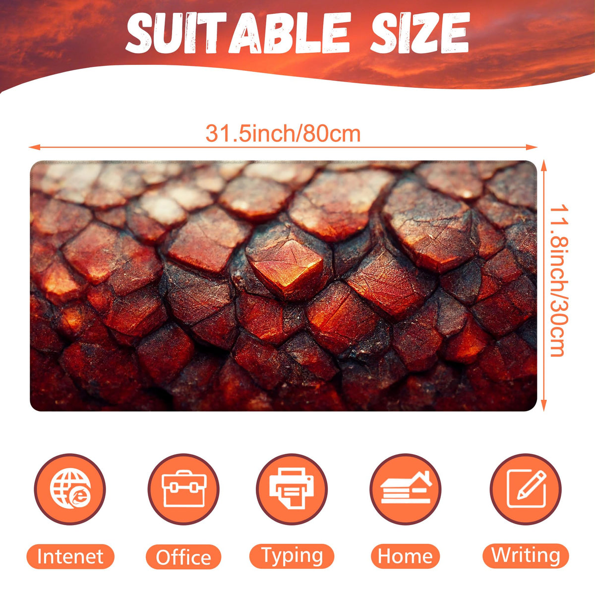 KOAIWPAE Desk Mat, Red Fire Dragon Scales Desk Pad, Cool Dragon Large Gaming Mouse Pad for Desk
