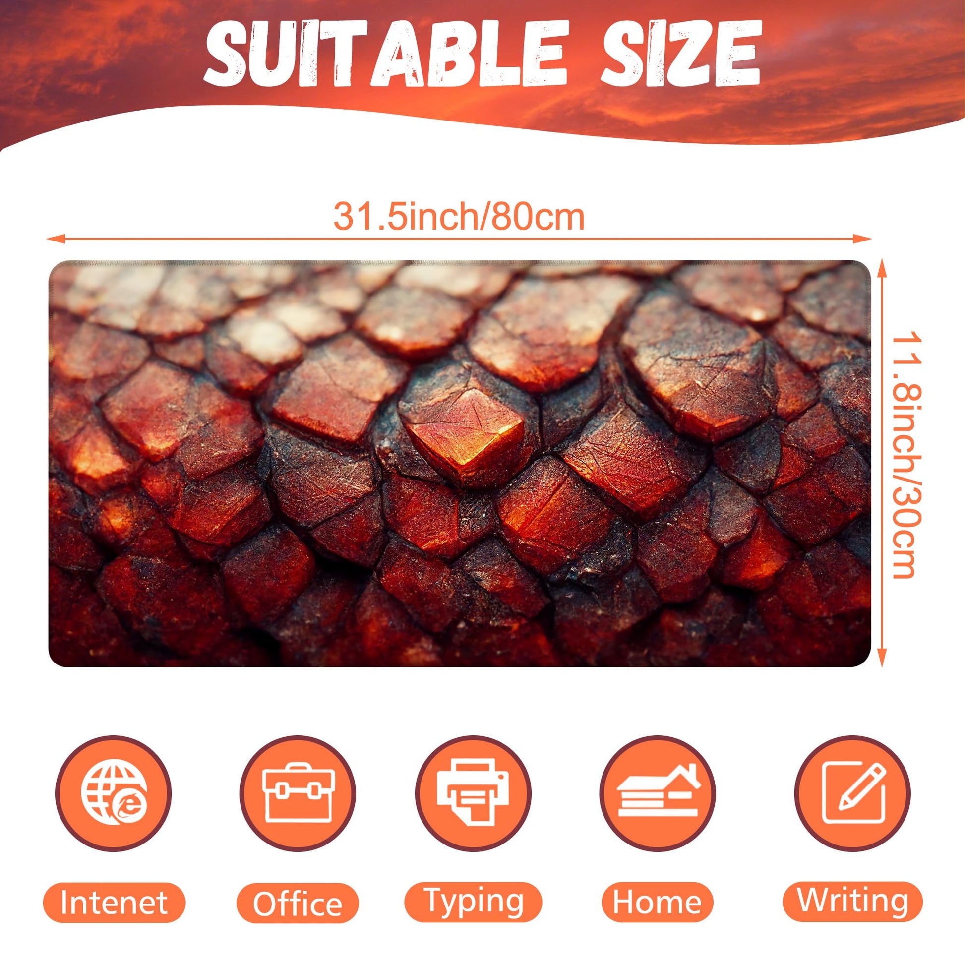 KOAIWPAE Desk Mat, Red Fire Dragon Scales Desk Pad, Cool Dragon Large Gaming Mouse Pad for Desk