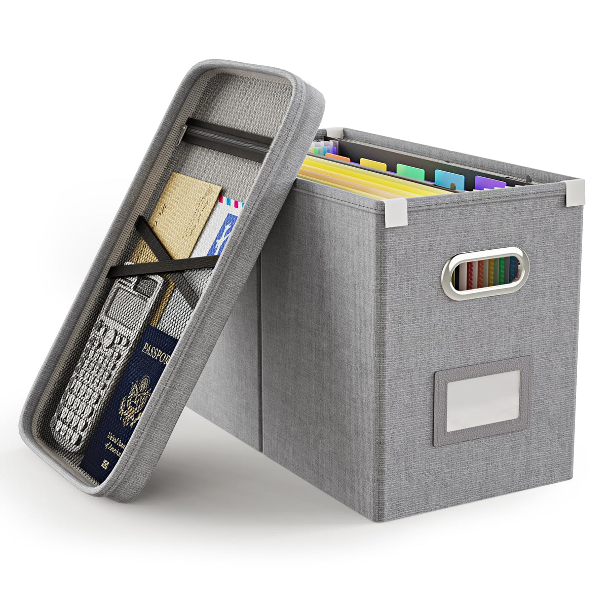 Oterri File Organizer Box with Lid, Hanging Filing File Box with Mesh Pocket, Document Organizer