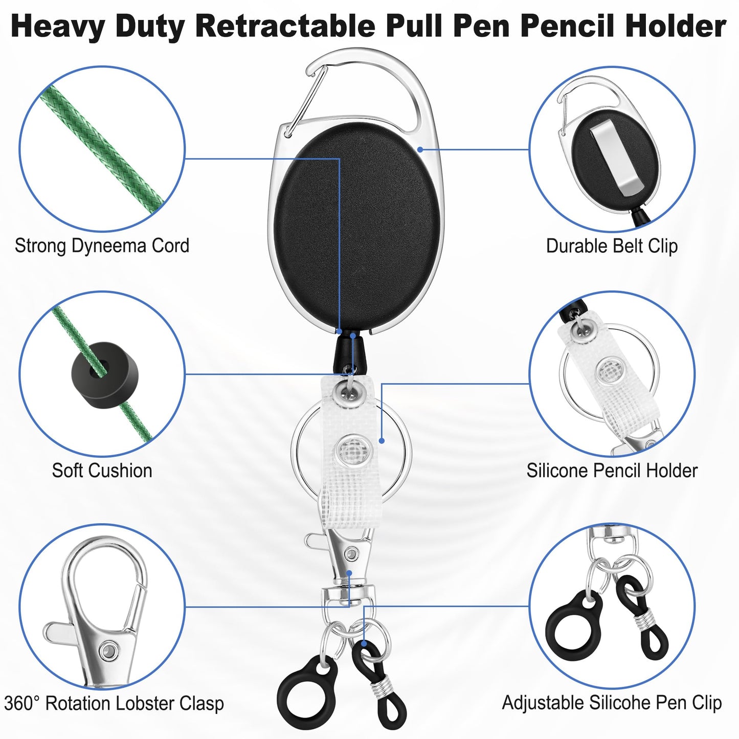 8 Pack Retractable Pen Holder with 32 in Dyneema Cord, Silicone Ring