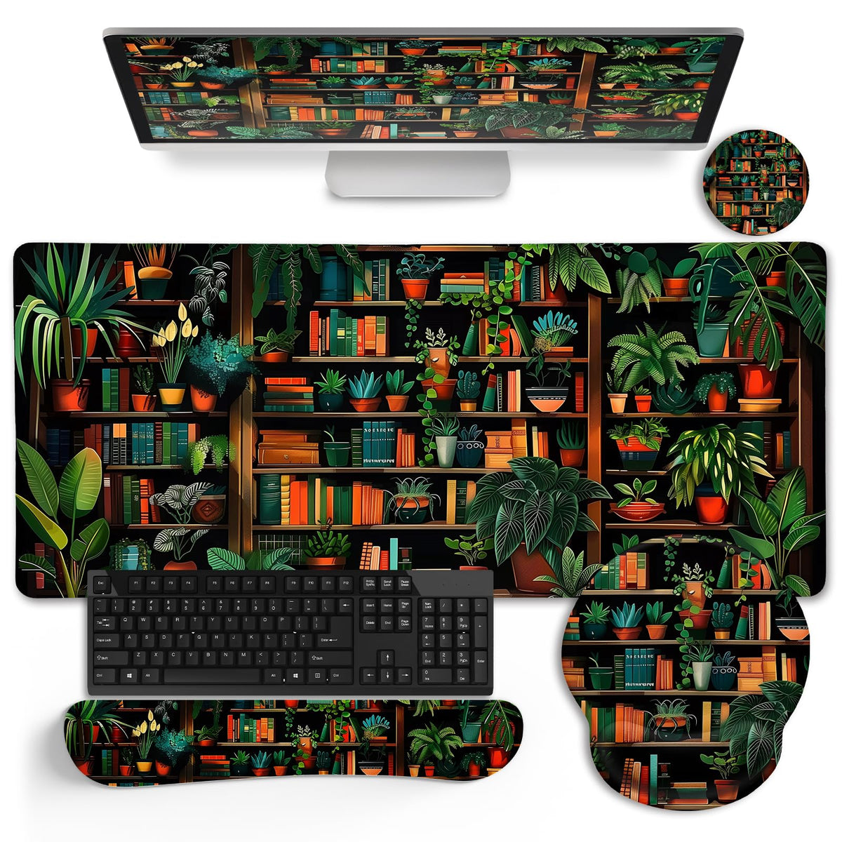 LIMKRIAN Bookshelf Mouse Pad with Wrist Rest, Plant Desk Mat Set Decor