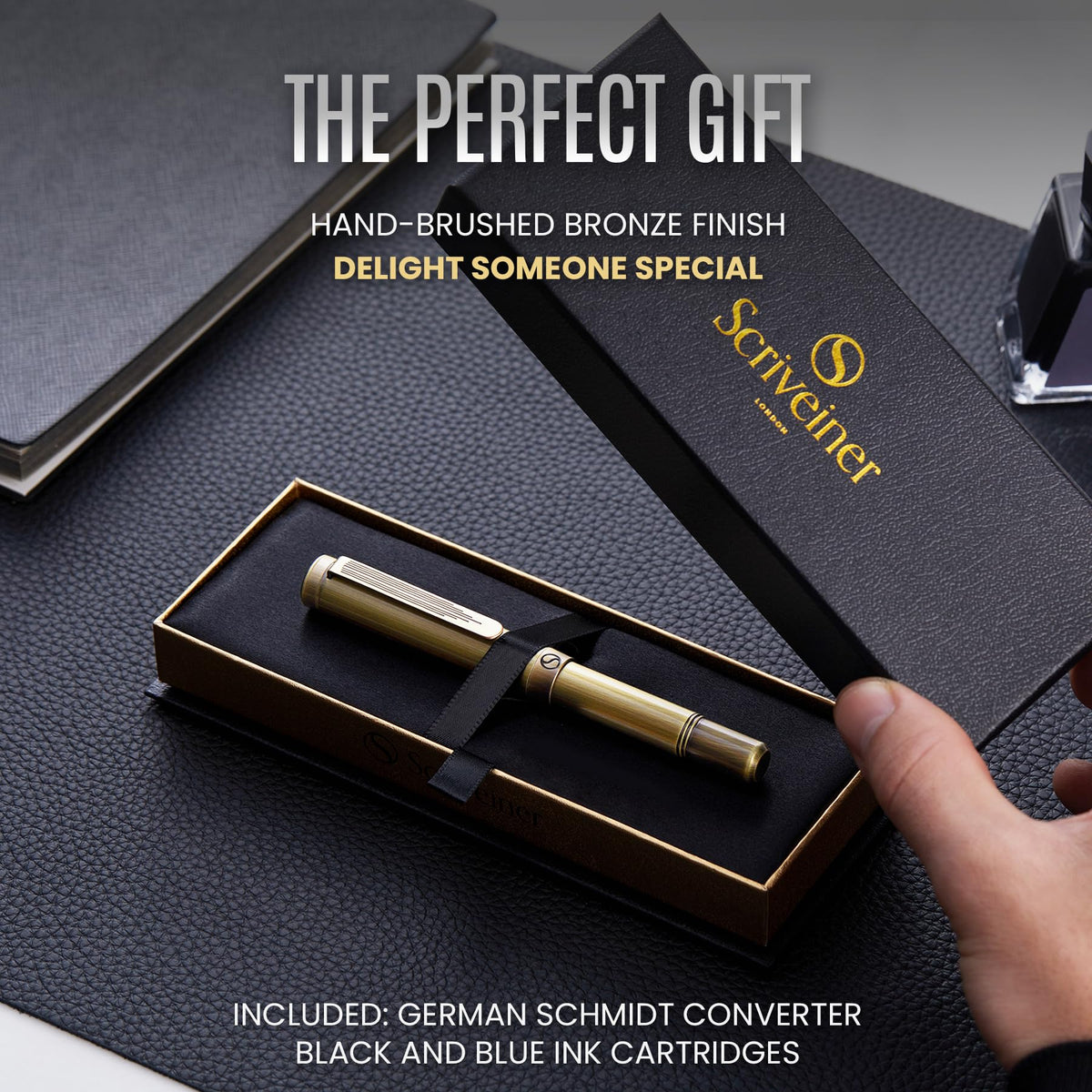 Scriveiner Luxury EDC Fountain Pen (Fine), Bronze Pocket EDC with Hand Brushed Finish, Schmidt