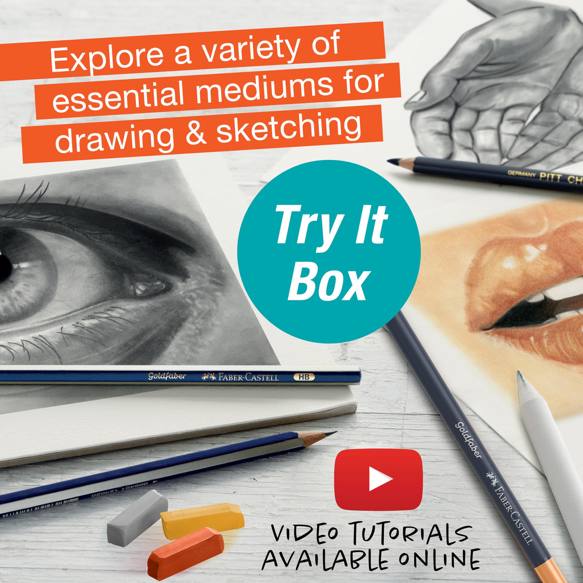 Faber-Castell Try It Box: Monochrome, 27 Piece Drawing Art Kit featuring Colored Pencils, Graphite