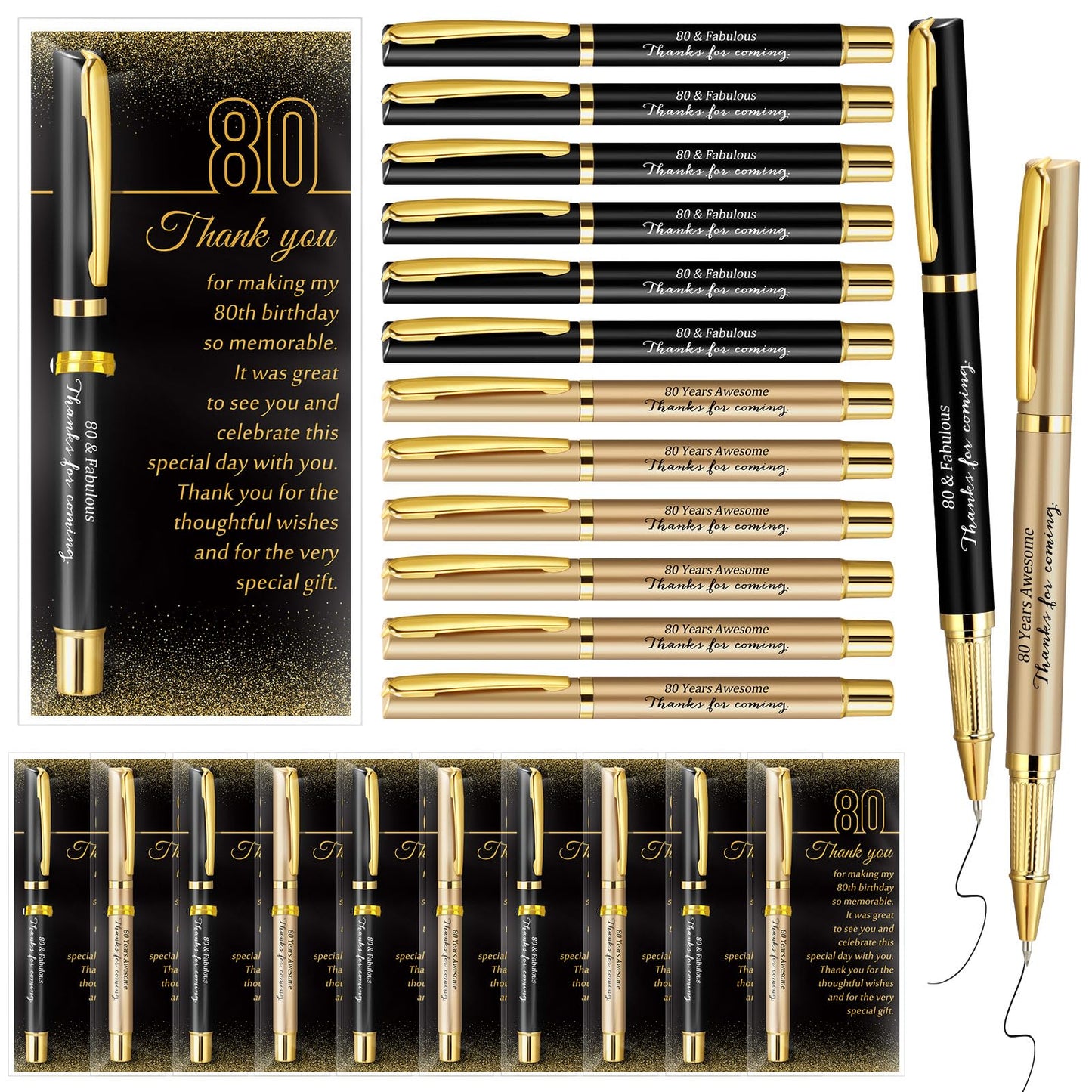 Feifeiya 30 Set 80th Birthday Favors with Black Gold Pens Cards