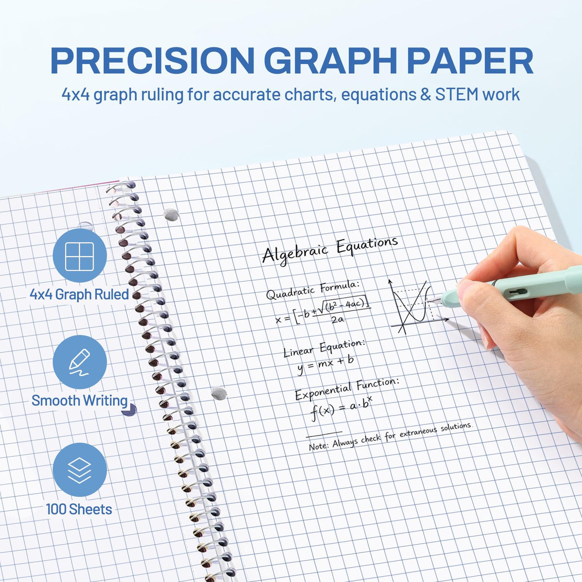 SUNEE Spiral Notebook, 1-Subject, Graph Ruled Paper, 8" x 10-1/2", 100 Sheets per Notebook, 3-Hole