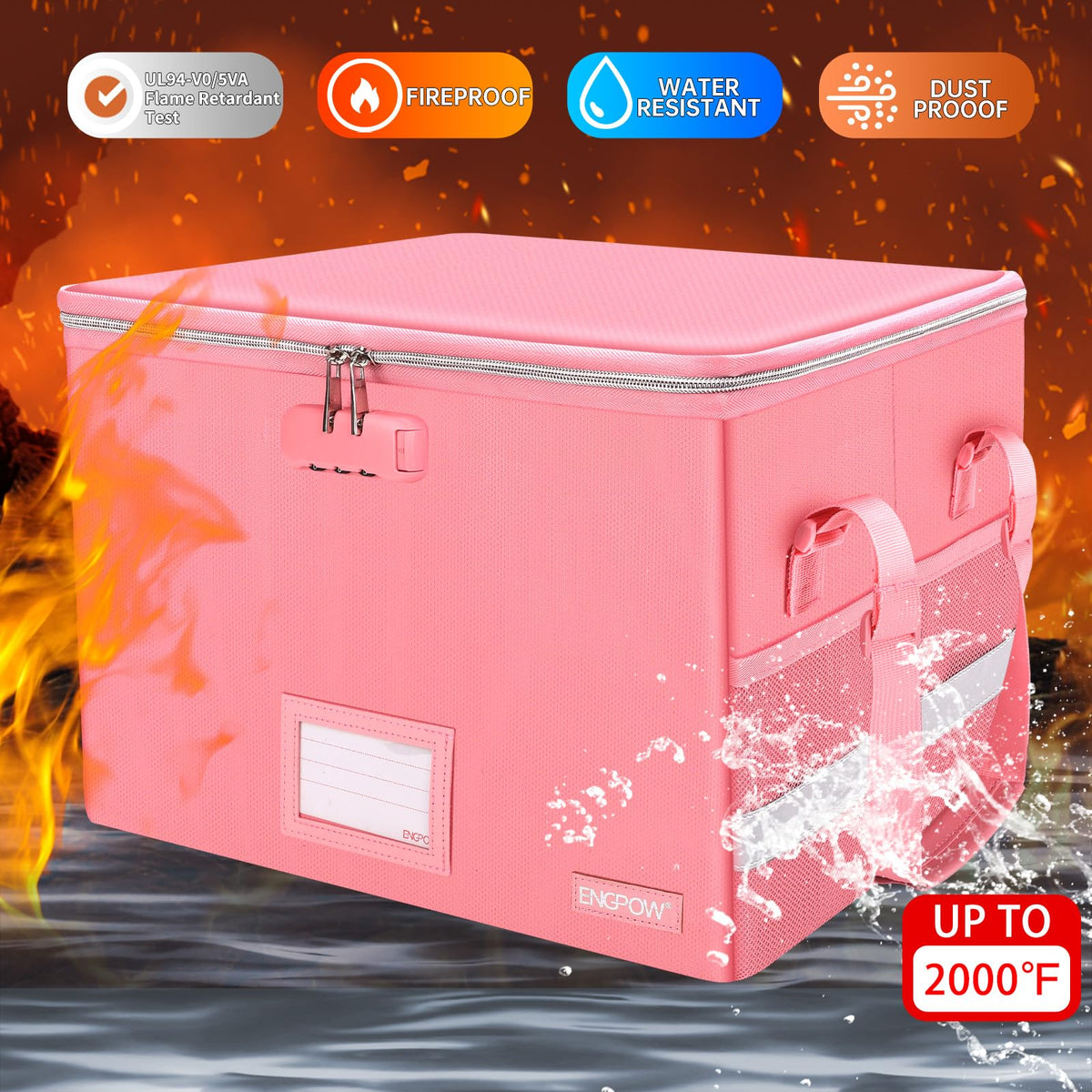 ENGPOW File Box with Lock, Fireproof Document Box with Zipper＆Pockets, Collapsible File Organizer