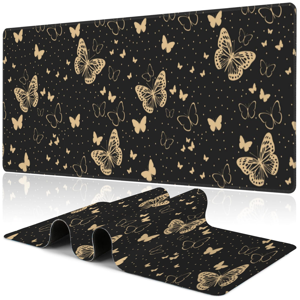 Golden Butterflies Desk Mat,Large Butterfly and Round Spots Gaming Keyboard Mouse Pad,Non-Slip