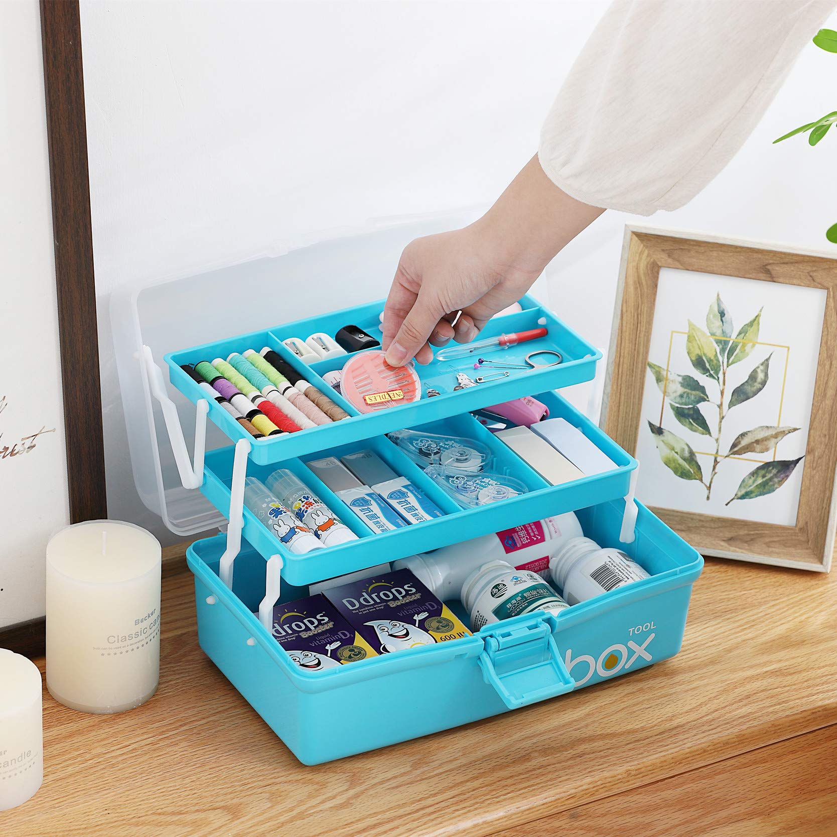 Sunxenze 12'' Three-Layer Clear Plastic Craft Storage Box, Tool Box/Sewing Box Organizer, Art