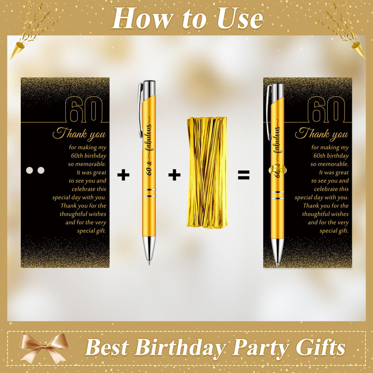 Feifeiya 50 Sets 60th Birthday Party Favors with Black Gold Pens Thank Card