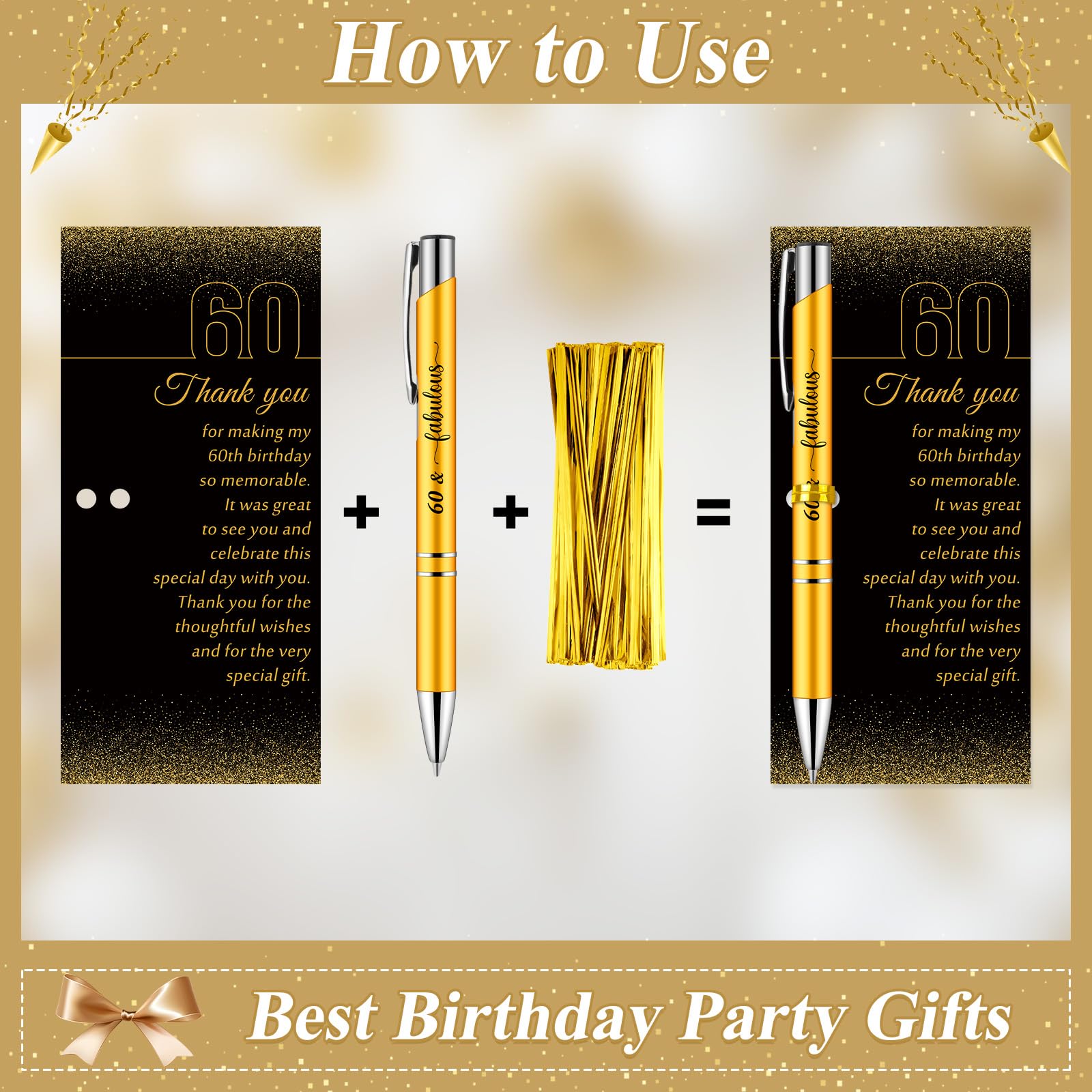 Feifeiya 50 Sets 60th Birthday Party Favors with Black Gold Pens Thank Card