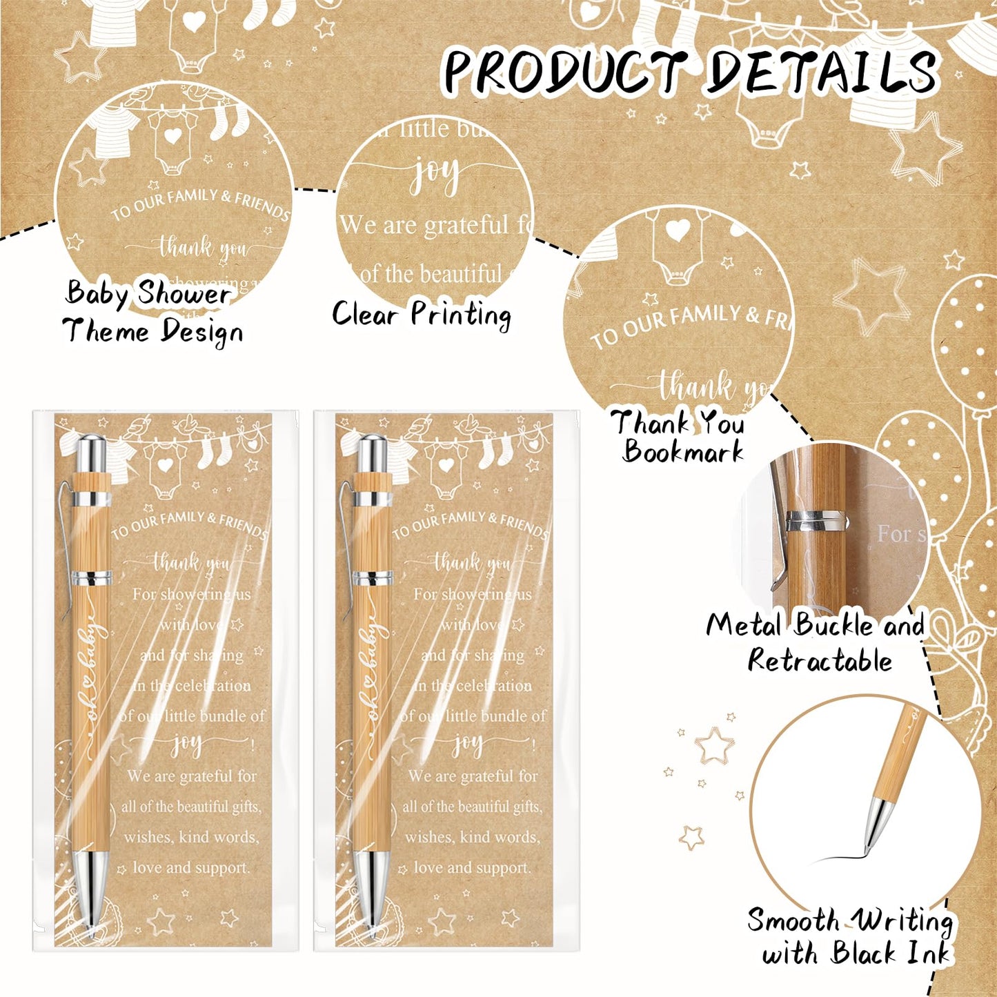 Zhanmai 50 Set Baby Shower Favors Bamboo Thank You Pens Cards Bags