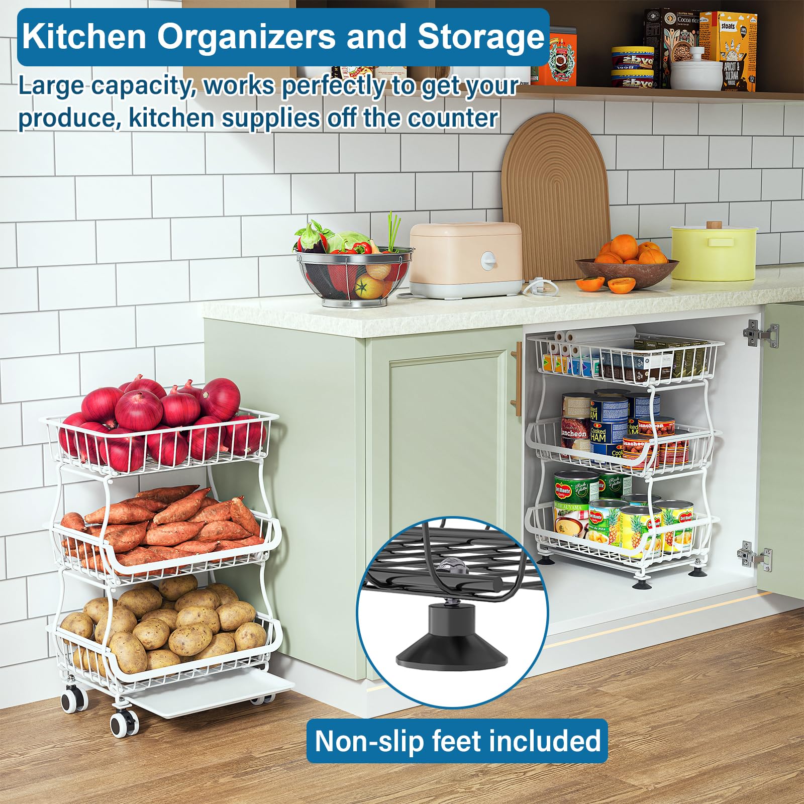 OKZEST 3-Tier Rolling Pantry Floor Organizers and Storage Cart with Wheels