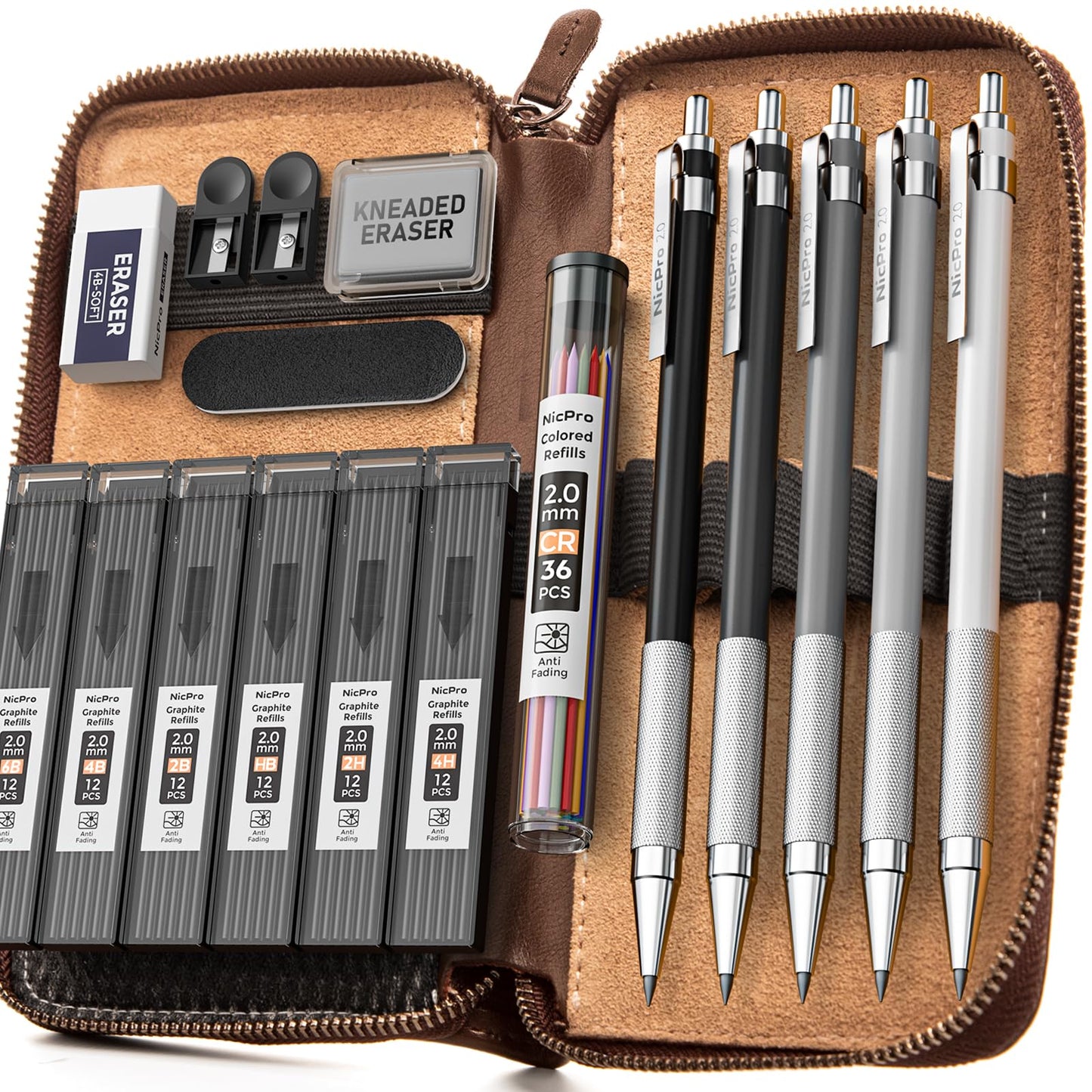 Nicpro 17PCS Metal 2mm Mechanical Pencil Set in Leather Case, 5 PCS 2.0 mm Lead Pencil Holders (4B