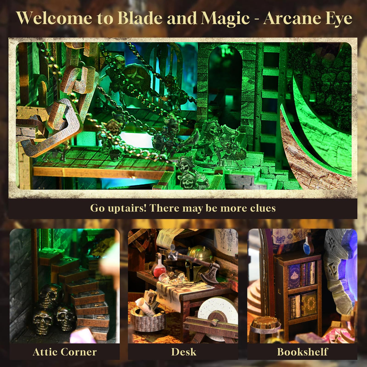 MiniCity Blade and Magic Book Nook Kit, DIY Wooden Miniature Scene with LED