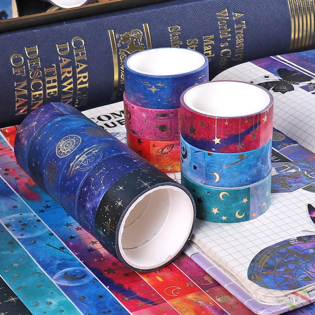 Cotrida Galaxy Purple Washi Tape - Gold Foil Washi Masking Tape with Constalation, Blue Sky, Moon