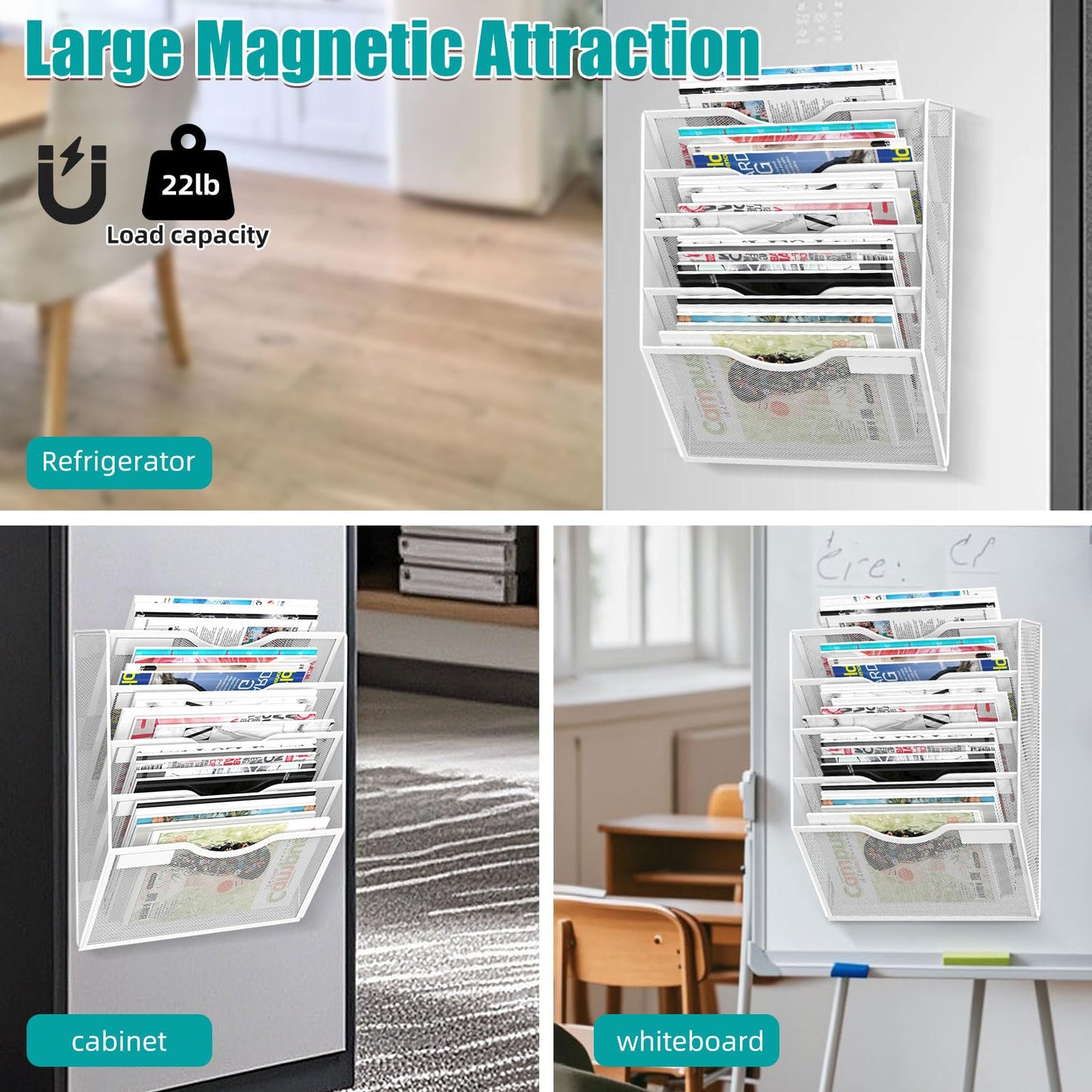 LQPAFZ 5-Tier Magnetic File Organizer, No Drilling Installation, White Magnetic Paper Holder