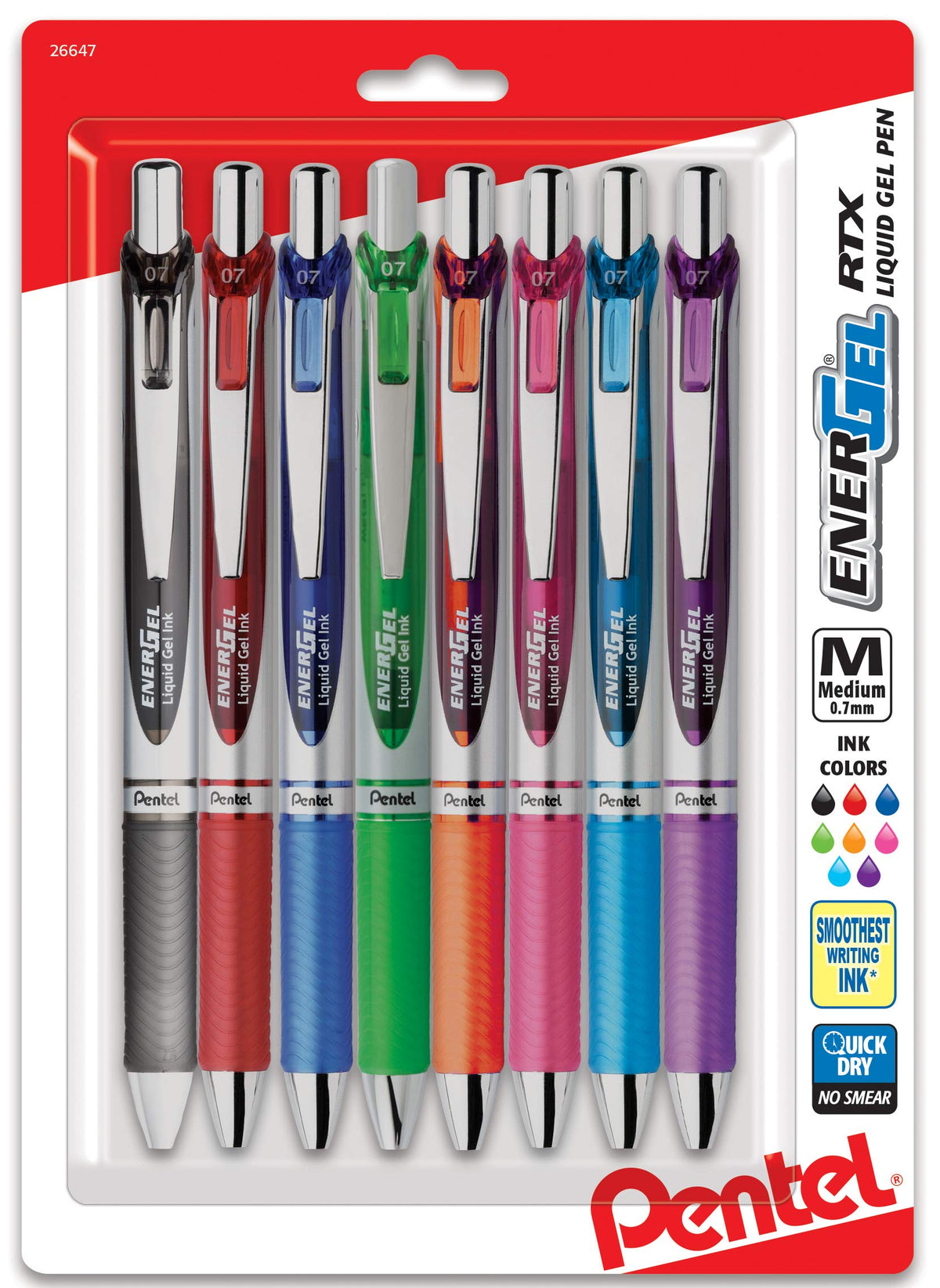 Pentel EnerGel RTX Retractable Liquid Gel Pen, (0.7mm) Metal Tip, Medium Line,Assorted Ink, 8-Pk
