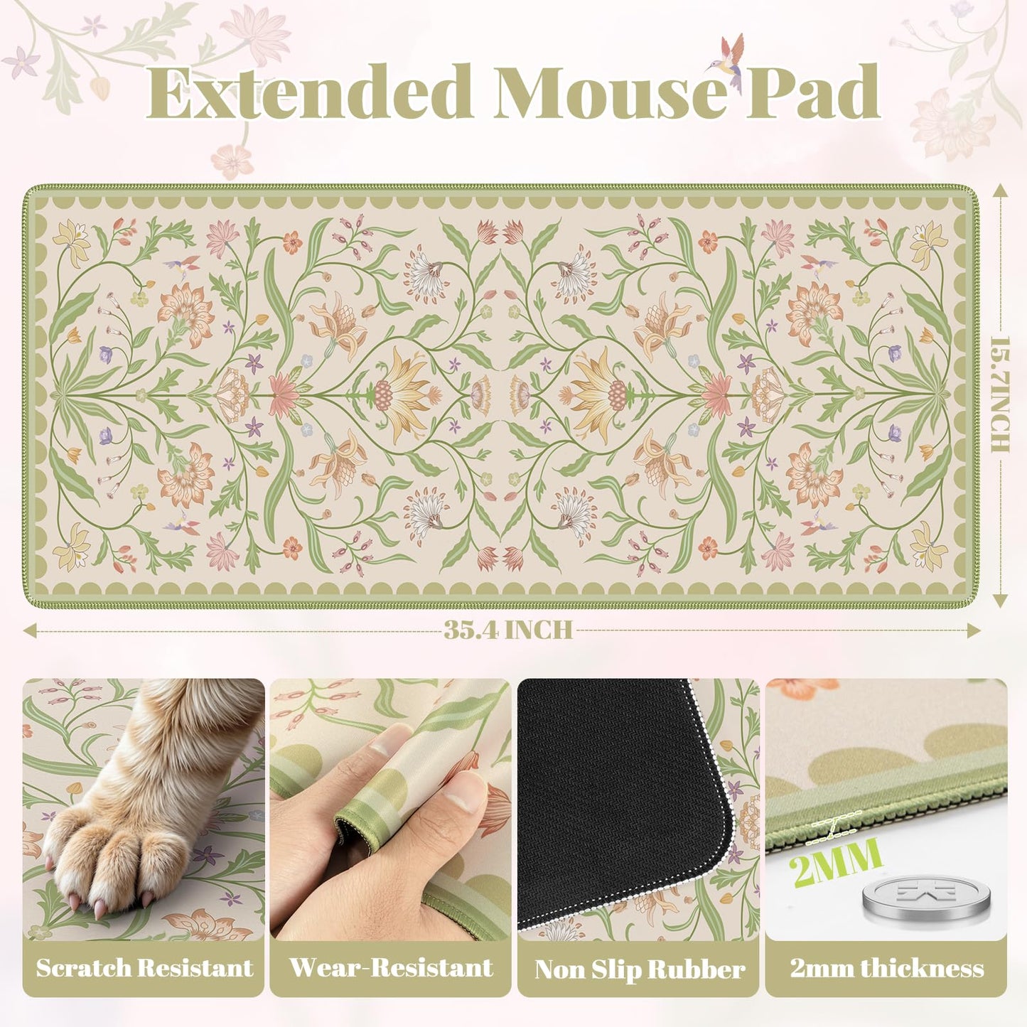 iLeadon Green Floral Desk Mat, Large Mouse Pad for Keyboard and Mouse