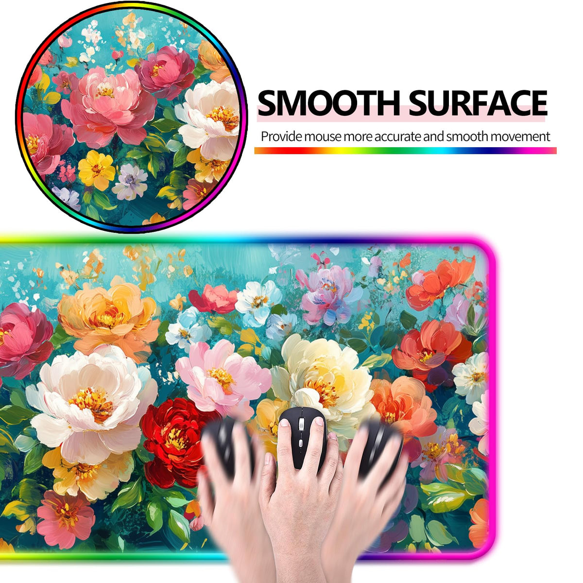 JIANG100 RGB Colorful Flower Peony Gaming Desk Mat & Floral Mouse Pad, XL
