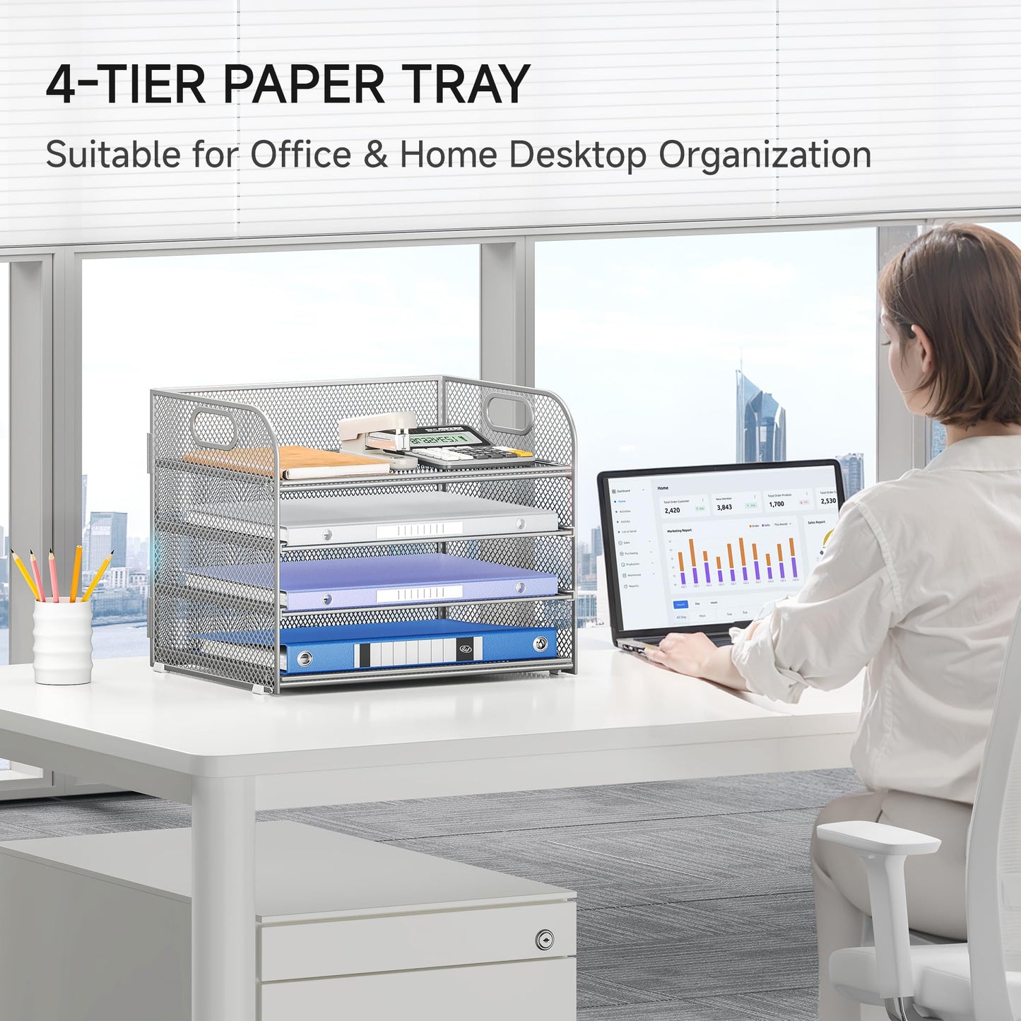 Lavatino 4-Tier Paper Organizer Trays - Silver Mesh File Folder Sorter with Handles, Desk Letter