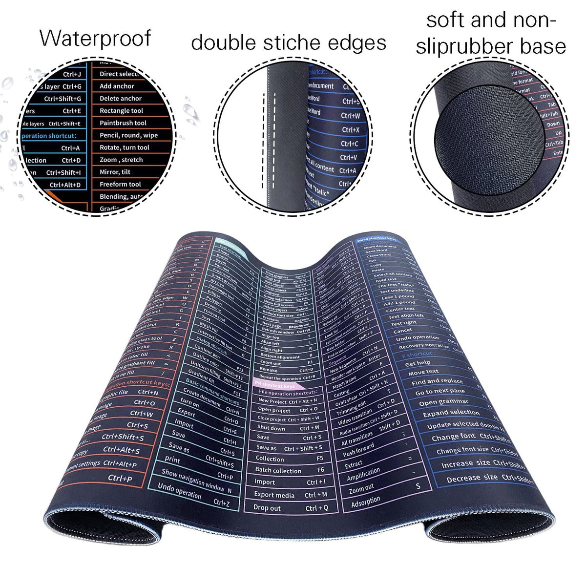 Quick Key XXL Mouse Pad with AI PS Shortcut, Desk Mat with Stitched Edge