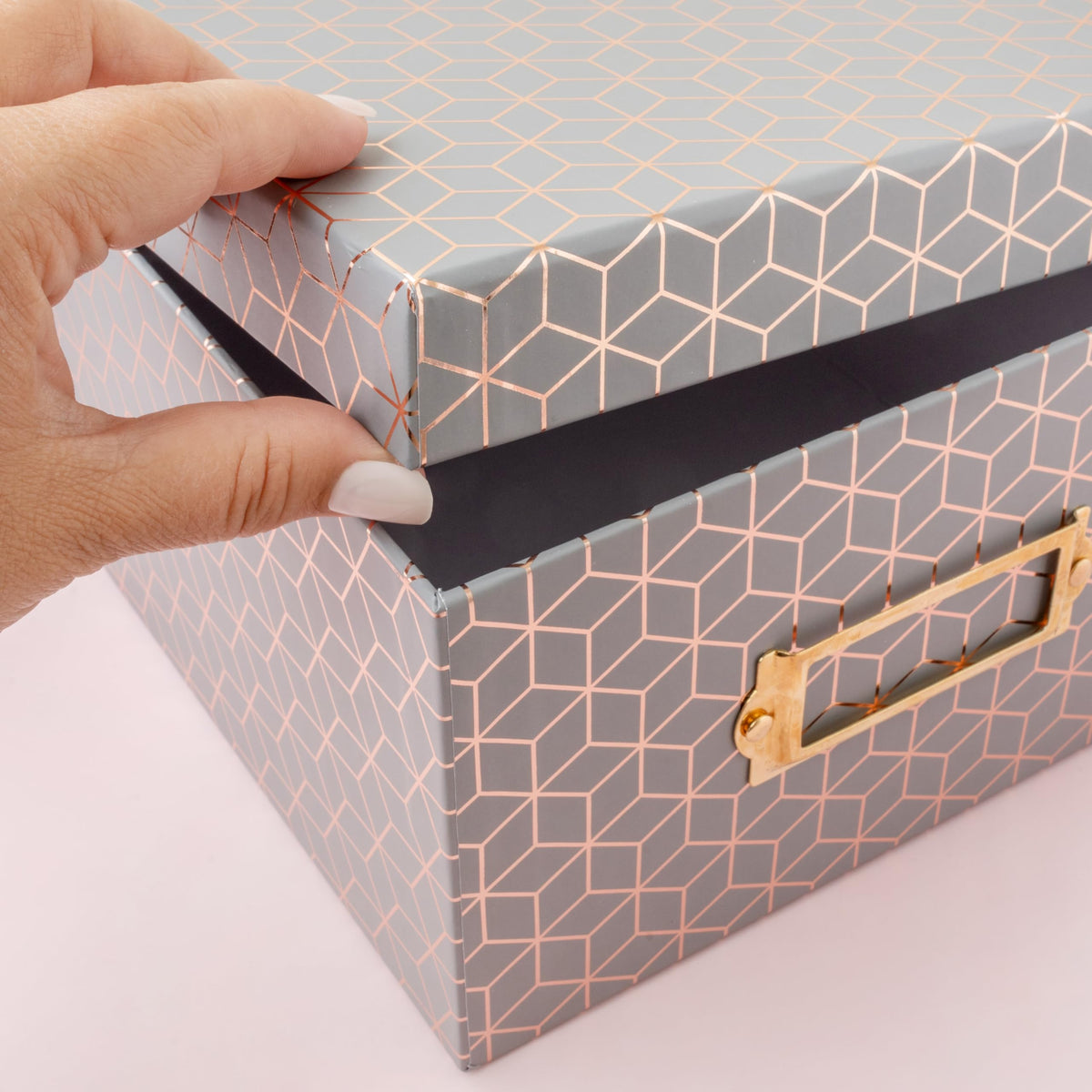 American Crafts Photo Keepsake Box with Lid, Gray Geo with Rose Gold Foil, 11x7.4x4.3, Decorative