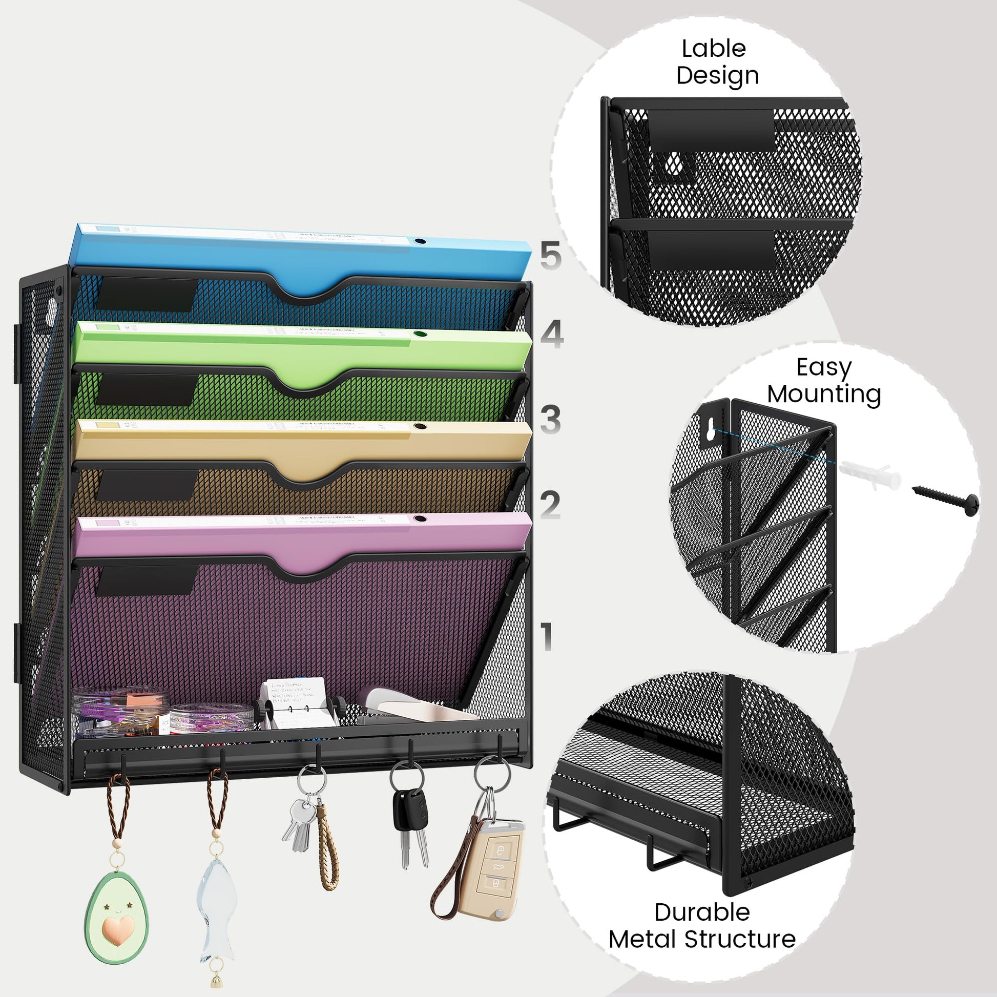 Kinkota Hanging Wall File Organizer 5-Tier Wall Mount Mail Organizer