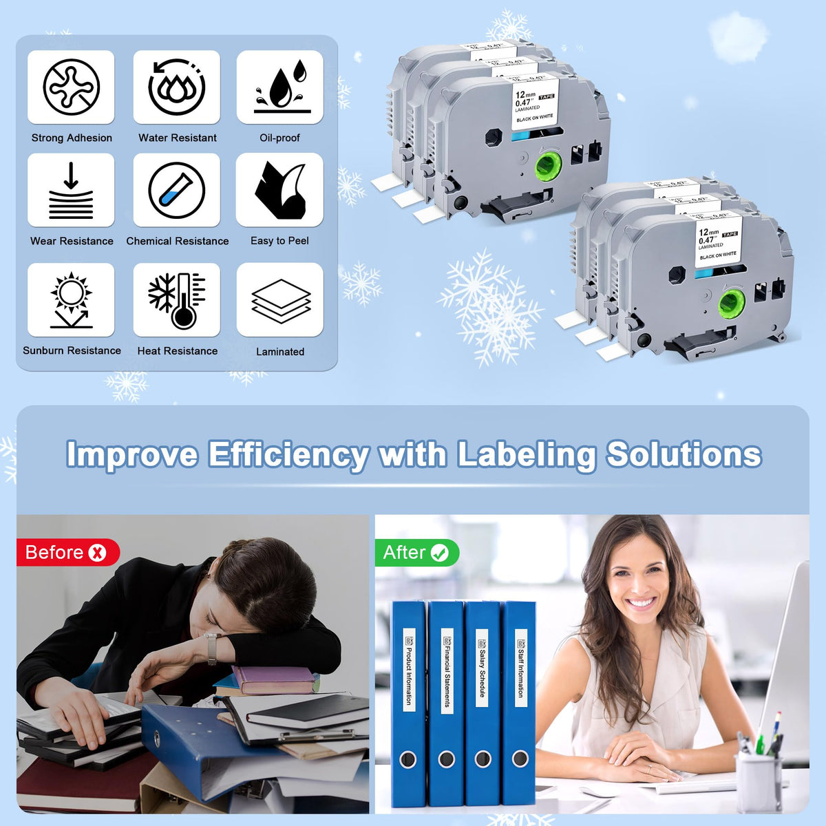 TITBIT Compatible 0.47" Laminated White Tape Brother P-Touch 12mm, 6-Pack