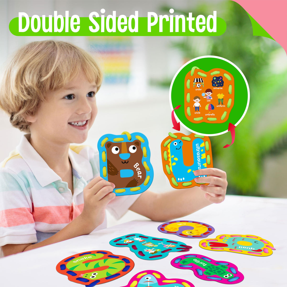 52 PCS Lacing Cards, 26 Double-Sided Uppercase & Lowercase Sewing Cards with 52 Colorful Laces
