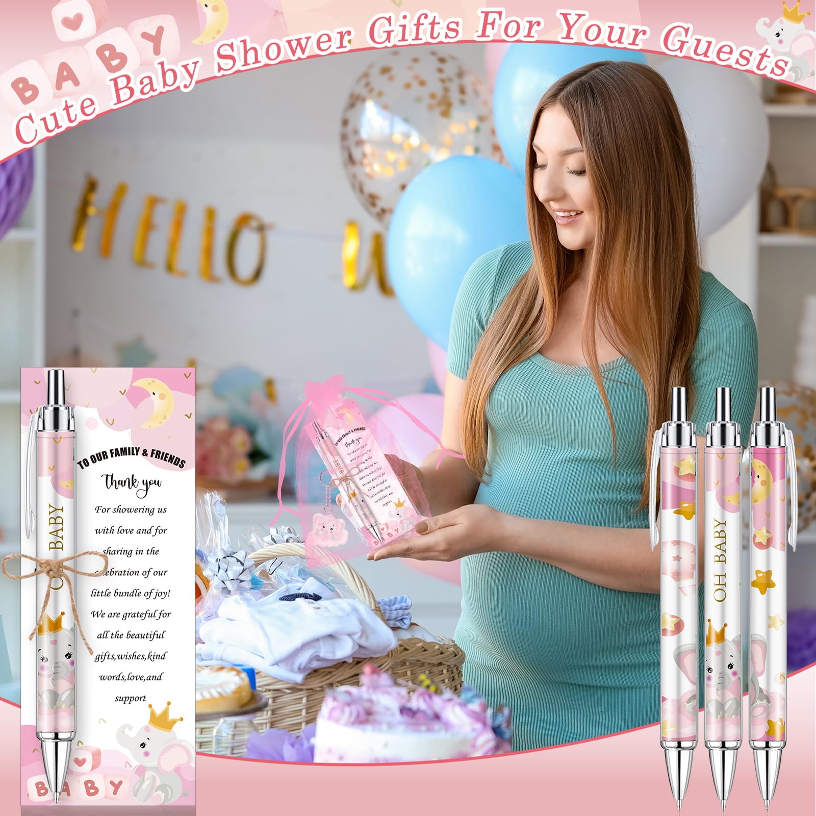 EYNDYN 145 Pieces Baby Shower Favors for Guest Pink Elephant Ballpoint Pens and Keychains Gifts for
