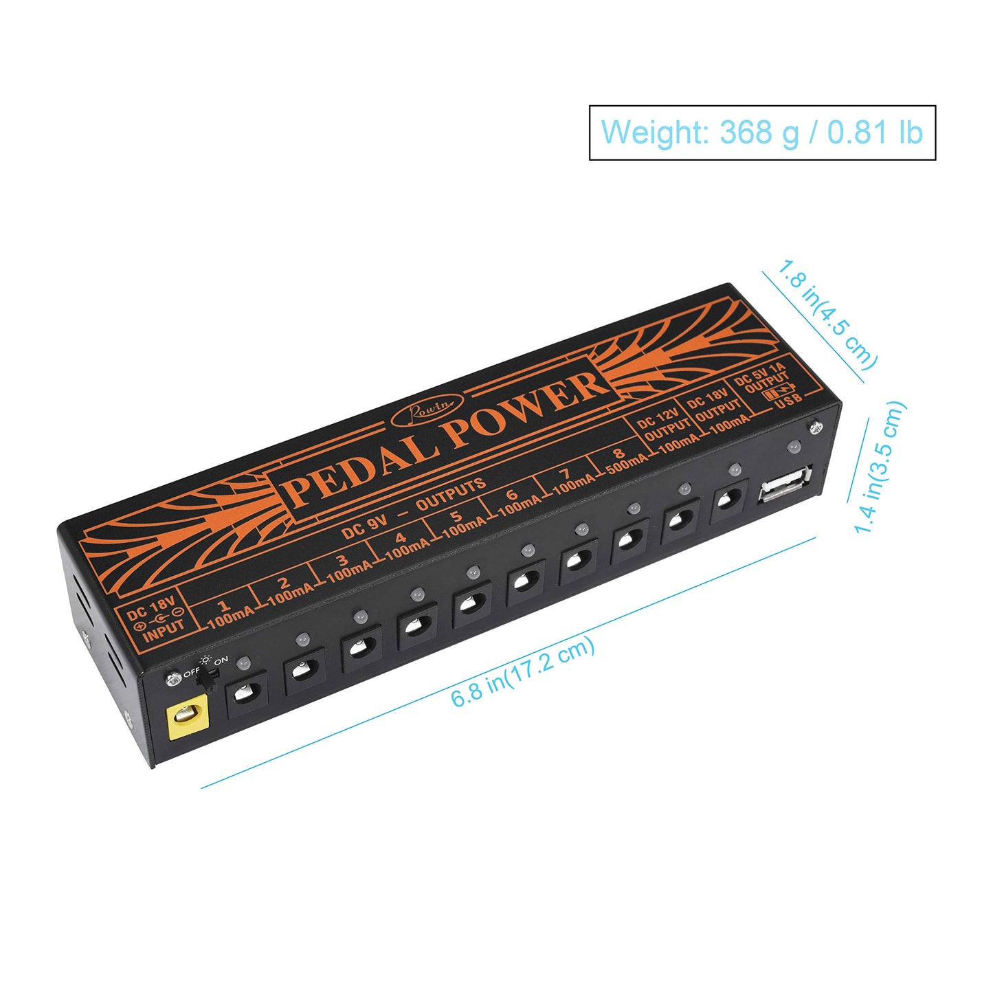 Rowin PW-1 Guitar Pedal Power Supply 10 Isolated DC Output for 9V/12V/18V Guitar Bass Effect Pedals