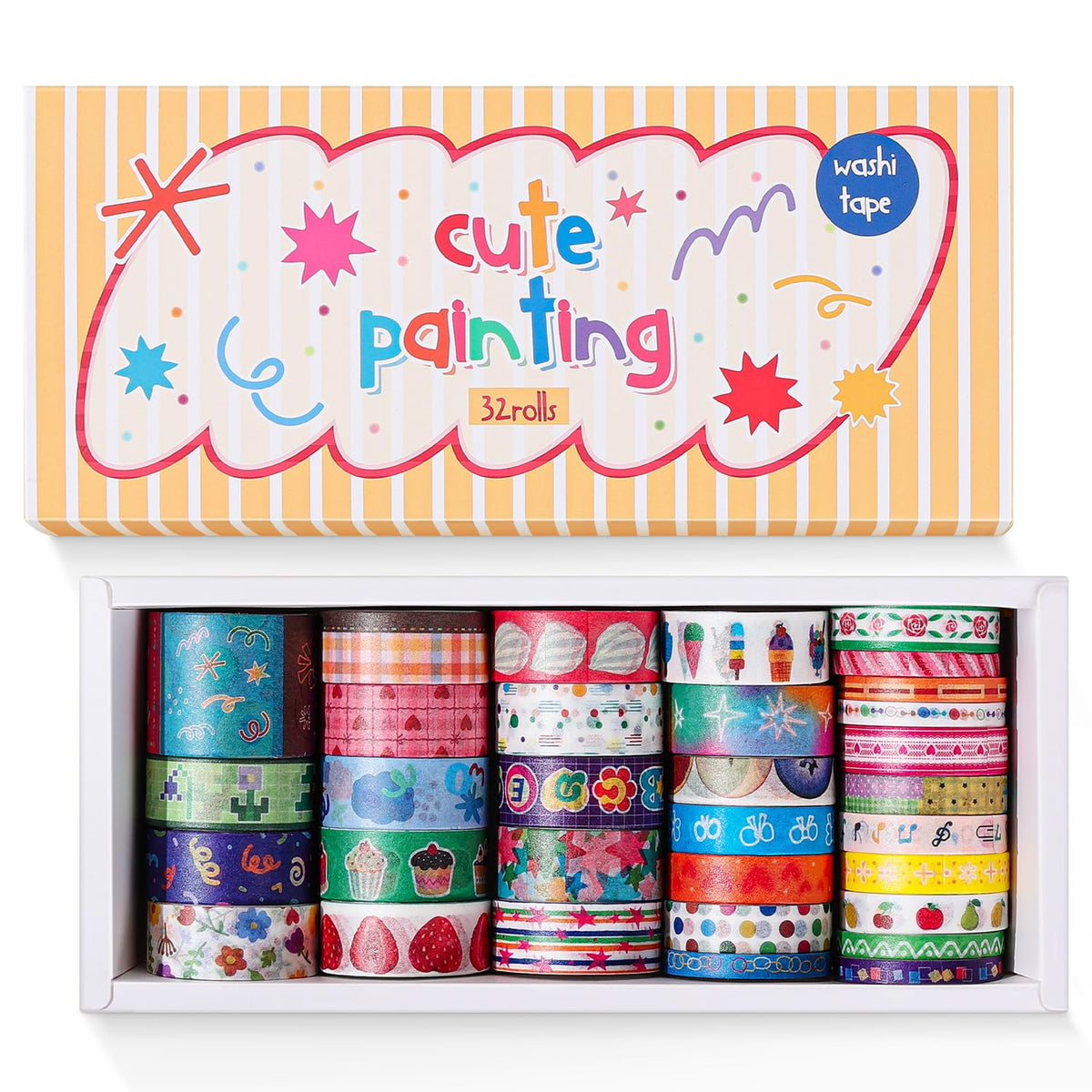 32 Rolls Washi Tape Set, Multicolored Cute Graffiti Painting Decorative Tapes, Scrapbooking and