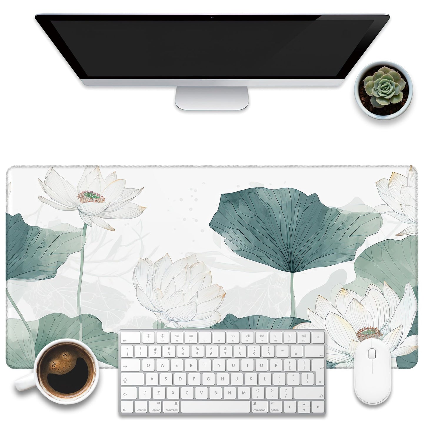 KOAIWPAE Desk Mat, Watercolor Lotus Painting Desk Pad, White Lotus Large Gaming Mouse Pad for Desk