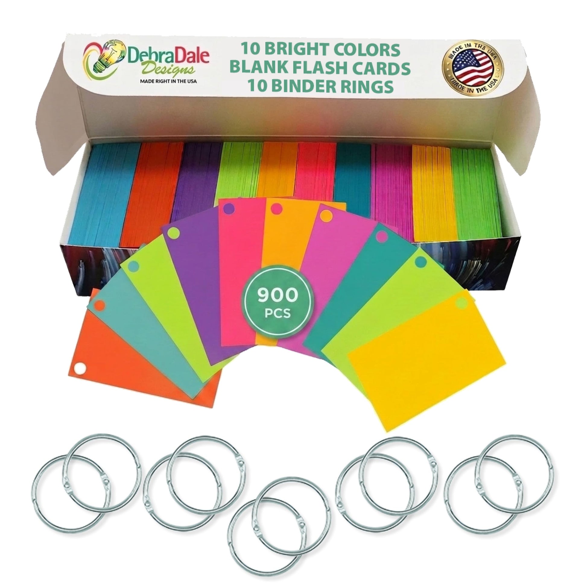 Blank Flash Cards with Rings & Box 900 Multicolor 2x3.5 USA Made