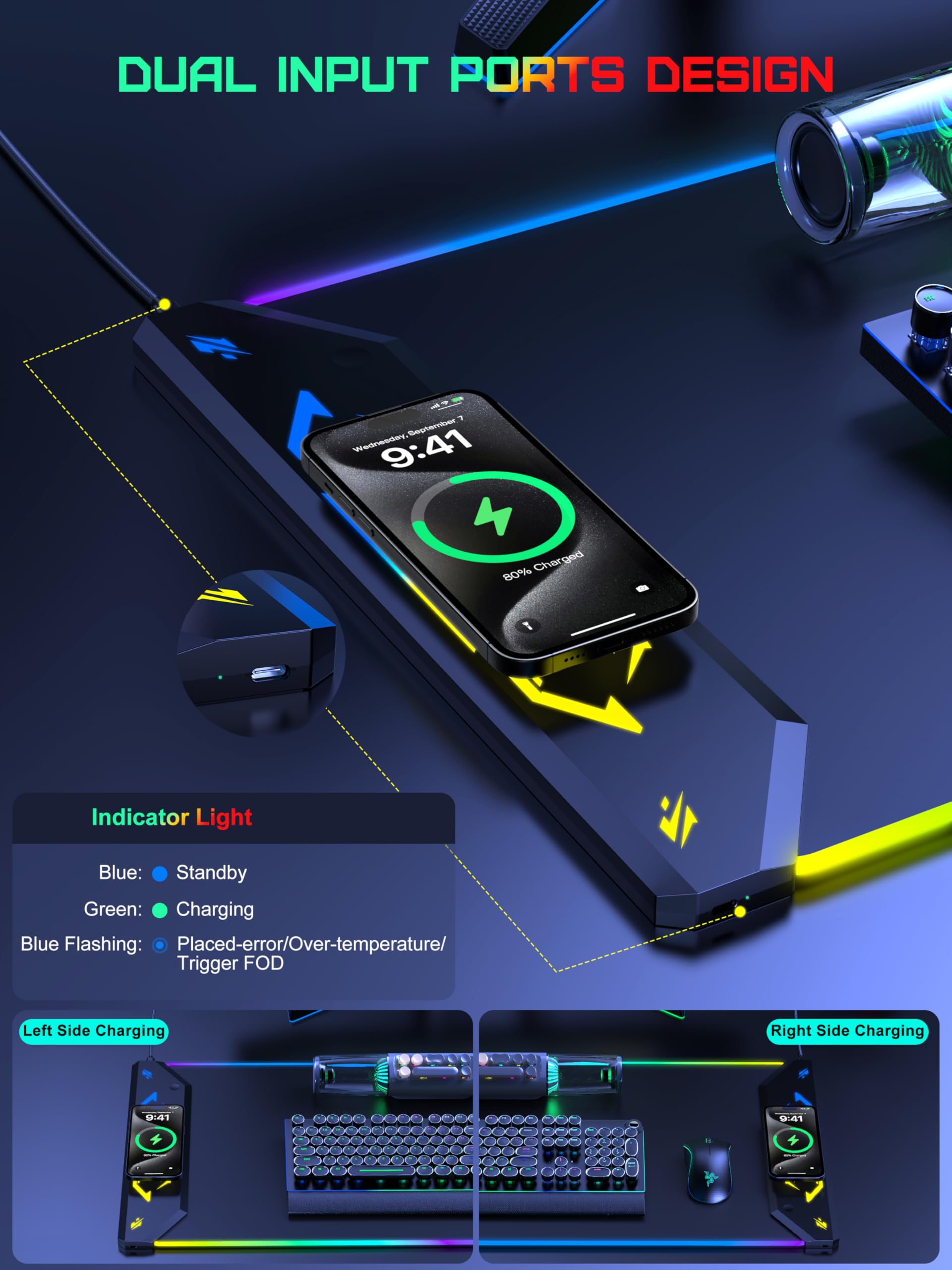 5-in-1 RGB Mouse Pad with Wireless Charging, Large Gaming Desk Mat, Black