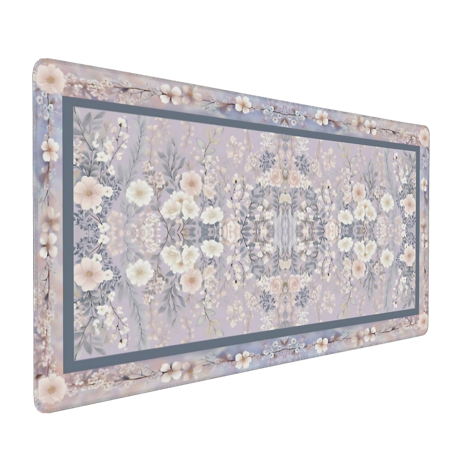 Floral Aesthetic Rose Gaming Mouse Pad, Purple Rug Desk Mat with Anti-Slip Base & Stitched Edges
