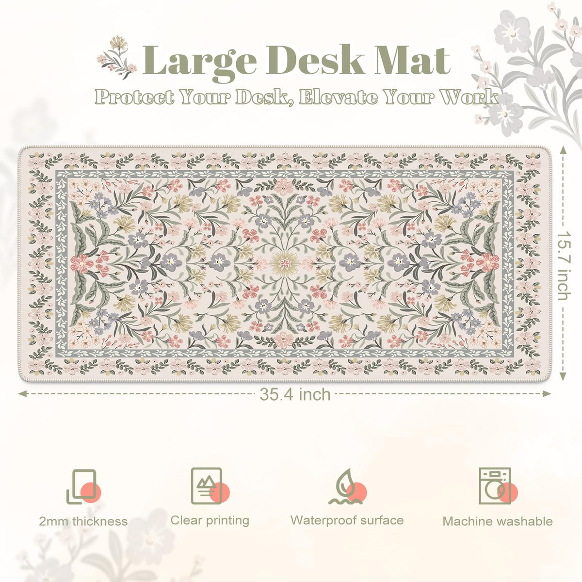 HAOCOO Boho Floral Desk Mat, Vintage Botanical Mouse Pad for Office(Grey)