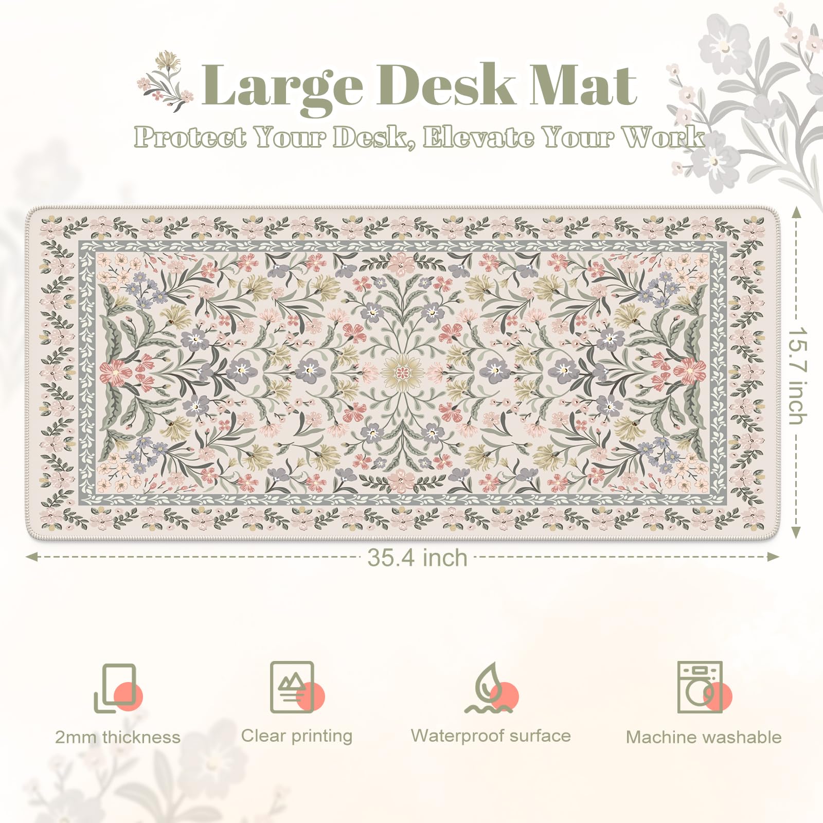 HAOCOO Boho Floral Desk Mat, Vintage Botanical Mouse Pad for Office(Grey)