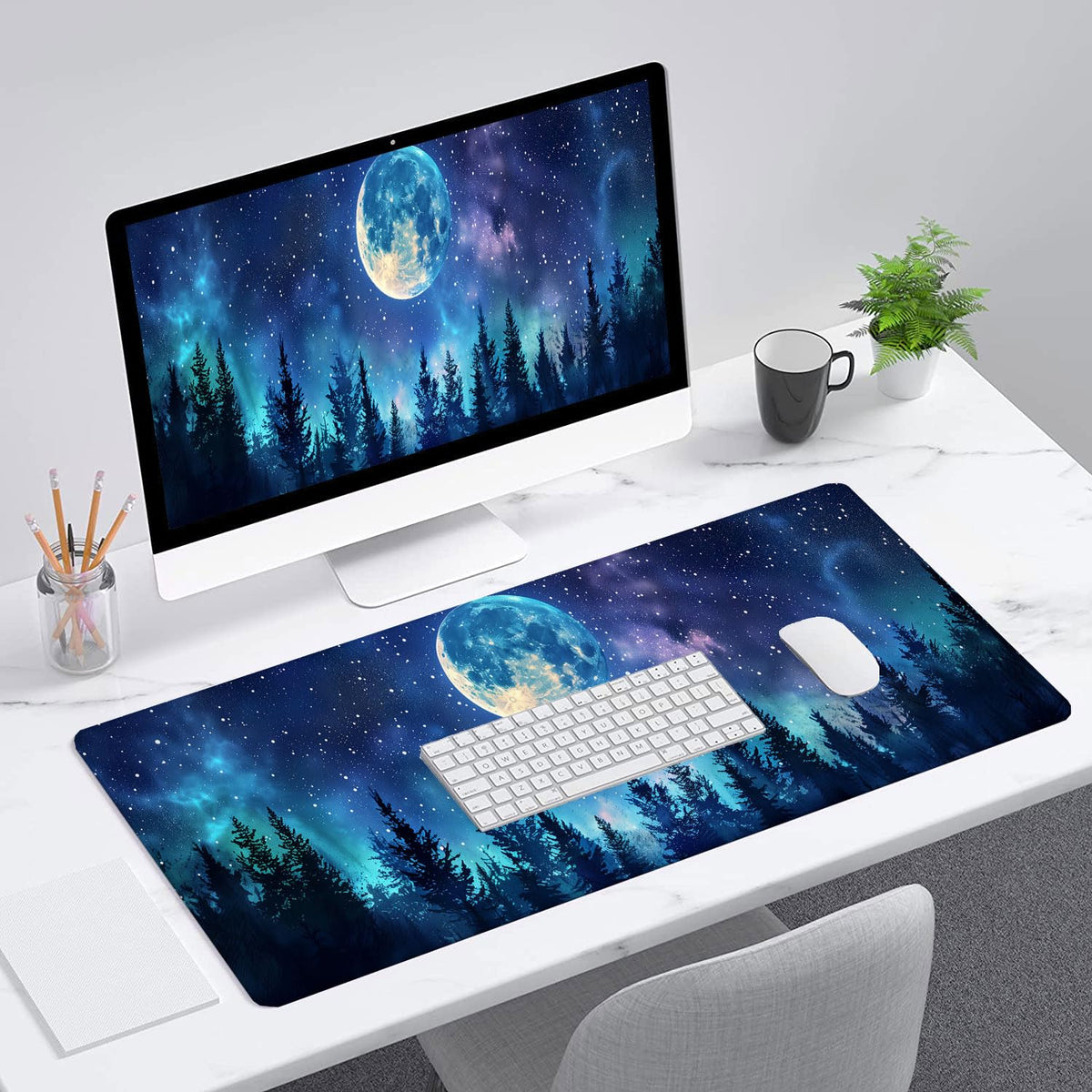 Starry Sky Forest Desk Pad Mouse Pad Moon Stars Galaxy Forest Aurora XL Mouse Pad Large Mousepad