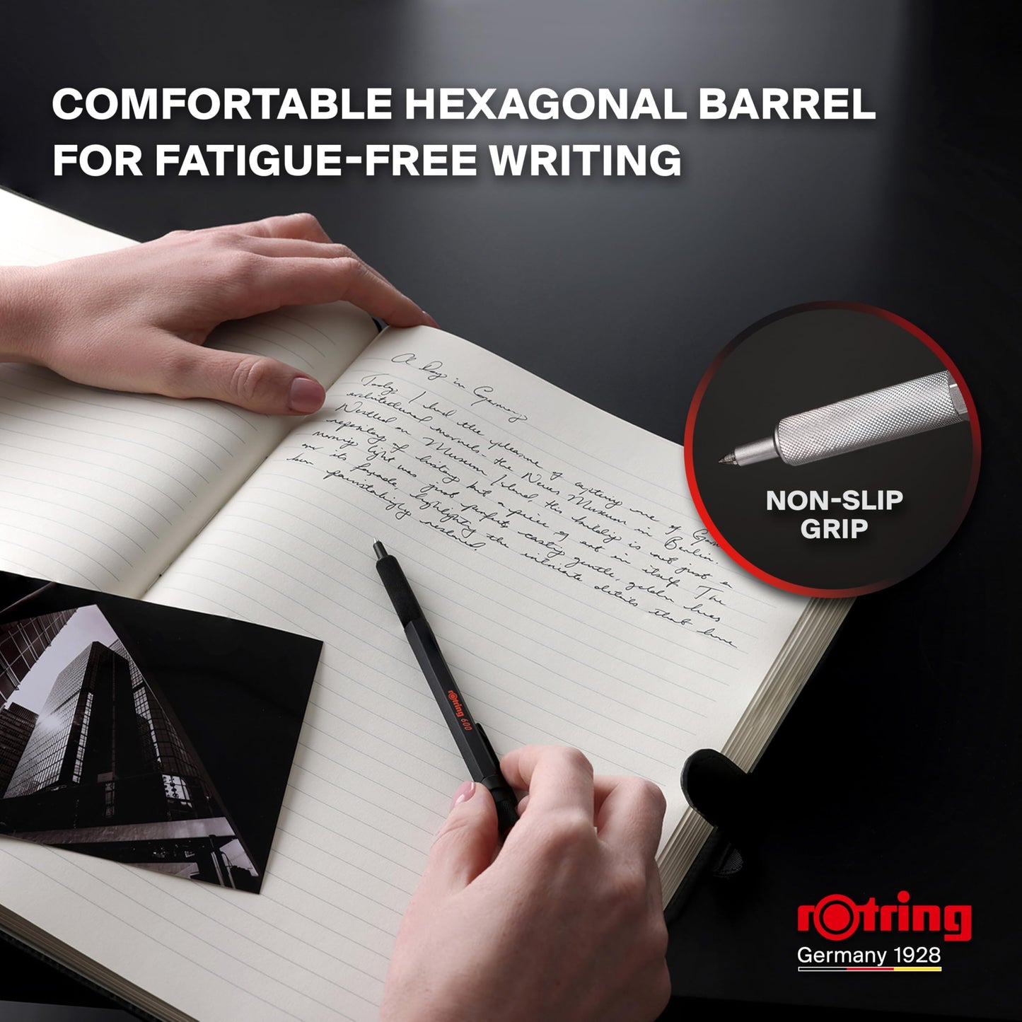 rOtring 600 Gel Pen, Black Metal Body Pen, Black Ink, 0.55mm, Non-Slip Knurled Grip & Hexagonal