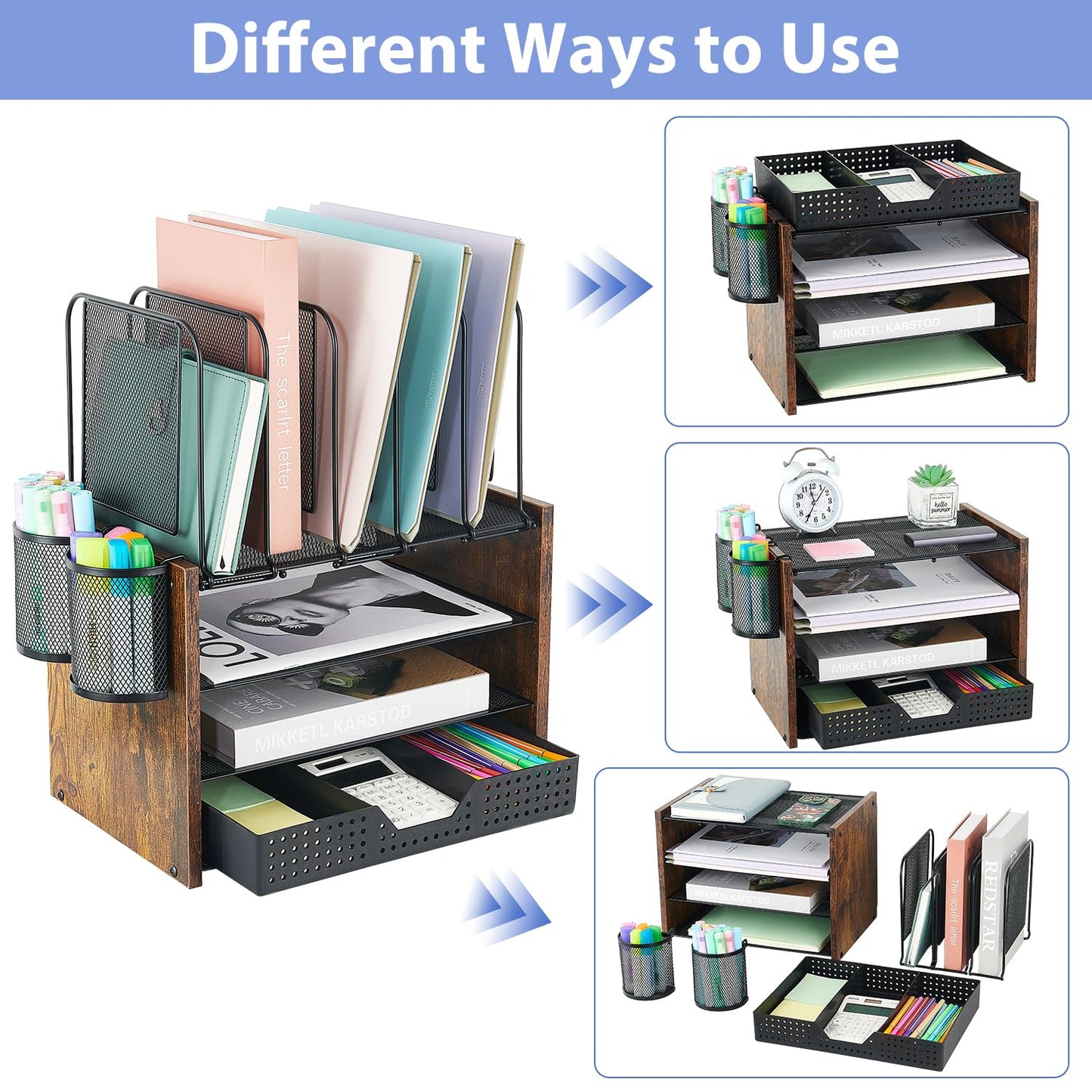 AUPSEN Desk Organizer with 5 Vertical File Holders, Storage Drawer & 2 Pen Holders, 5 Trays Paper