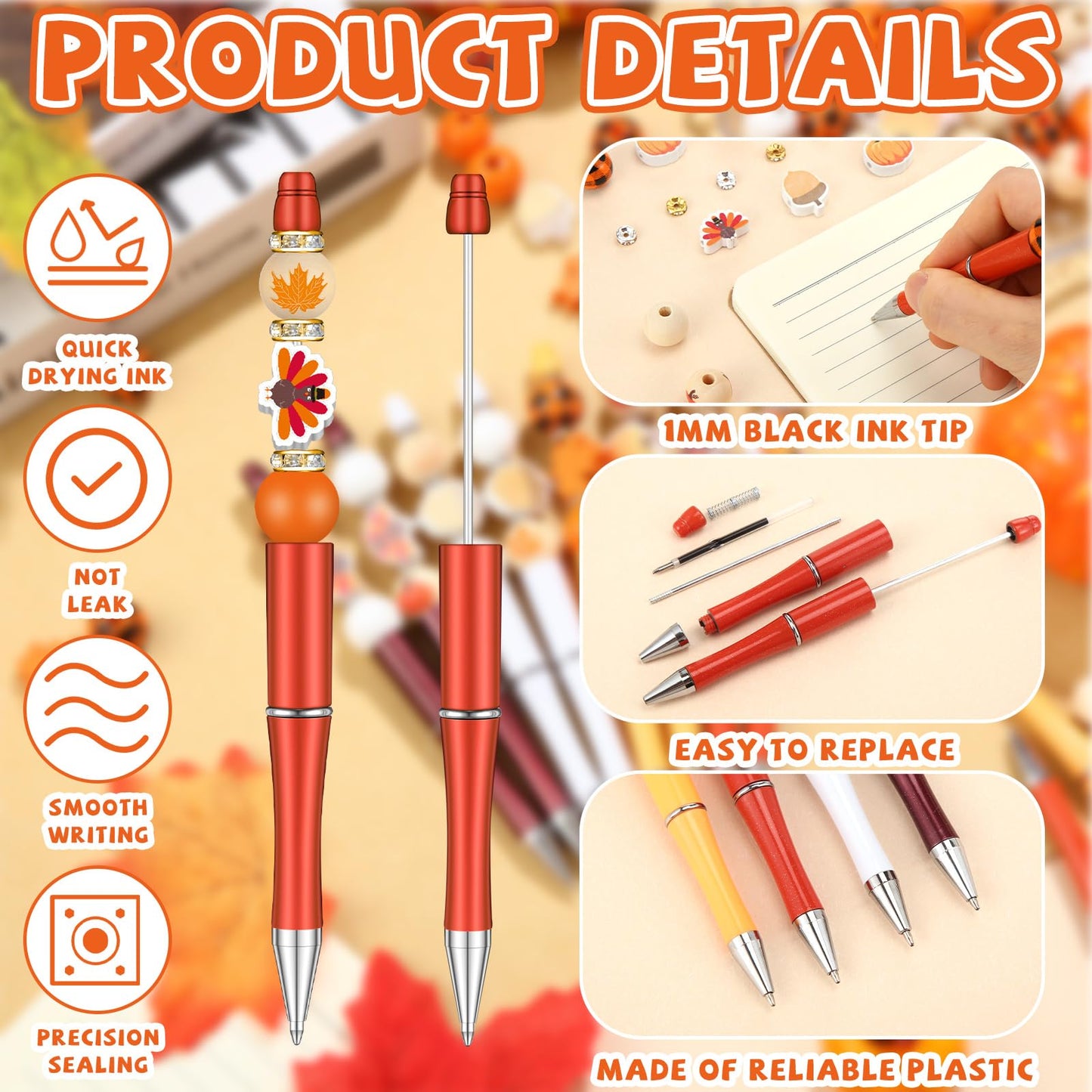 Zhanmai 197 Pcs Fall Bead Pens Kit Pumpkin, 24 Beadable Ballpoint Pens