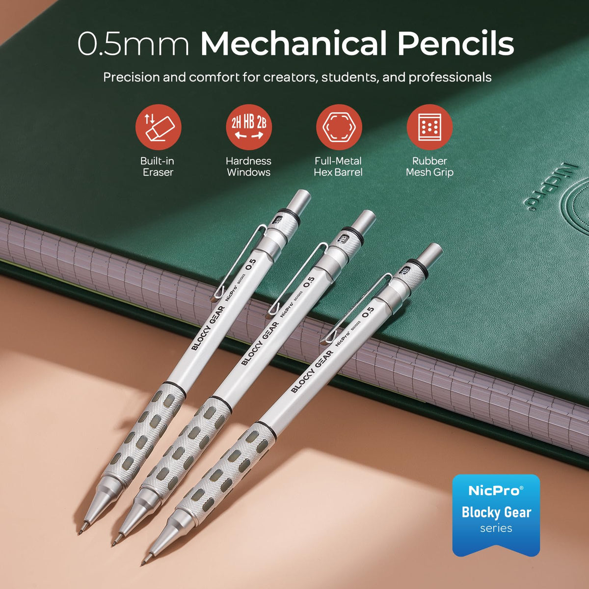 Nicpro 3 Pack Blocky Gear 0.5 mm Metal Mechanical Pencils Set with Case